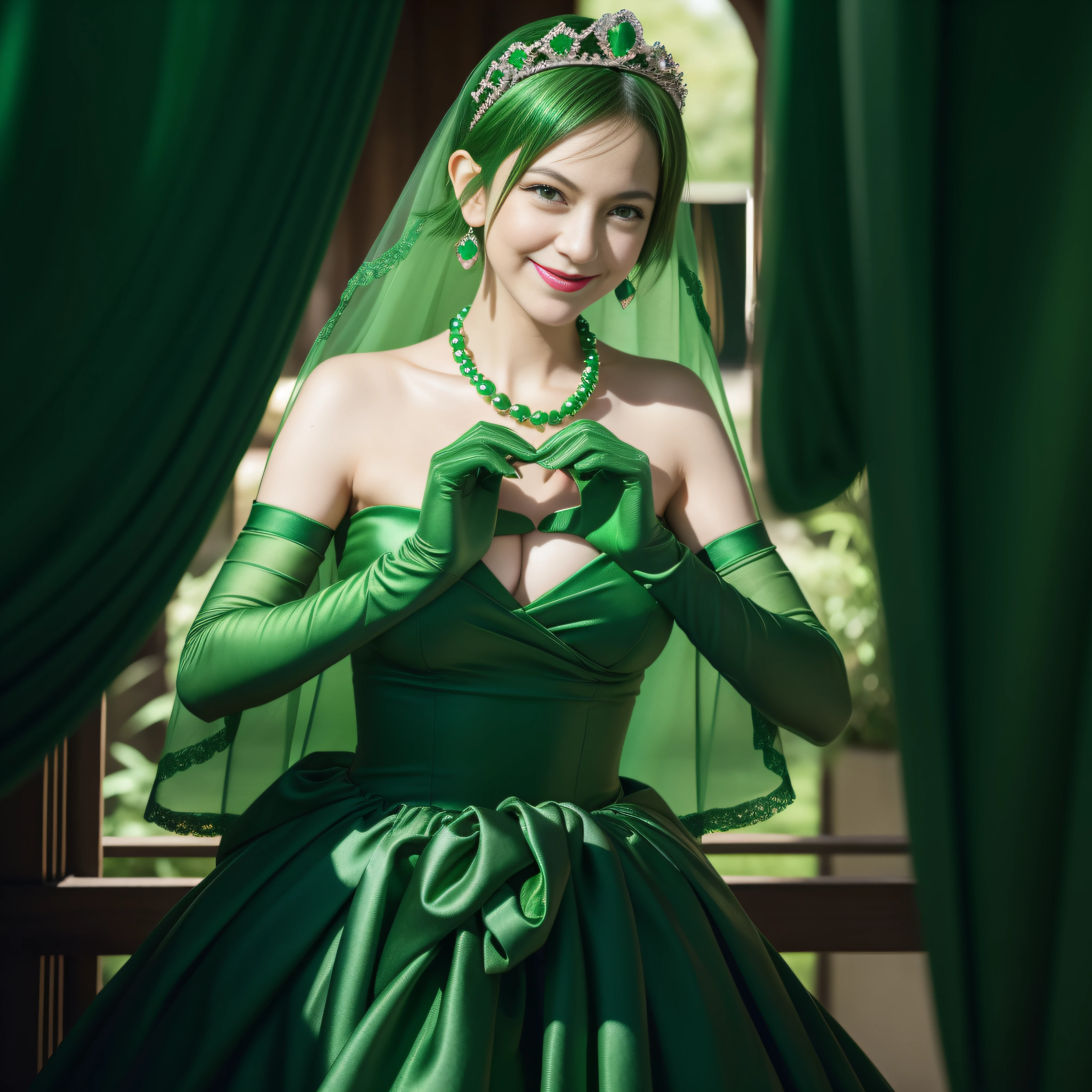 emerald tiara, Green Pearl Necklace, Boyish very short green hair, lipsticks, Japan woman smiling, very short short hair,  big breasts beautiful, Green eyes, Long green gloves made of satin material, Green eyes, Emerald Earrings, green vale, Heart with both hands