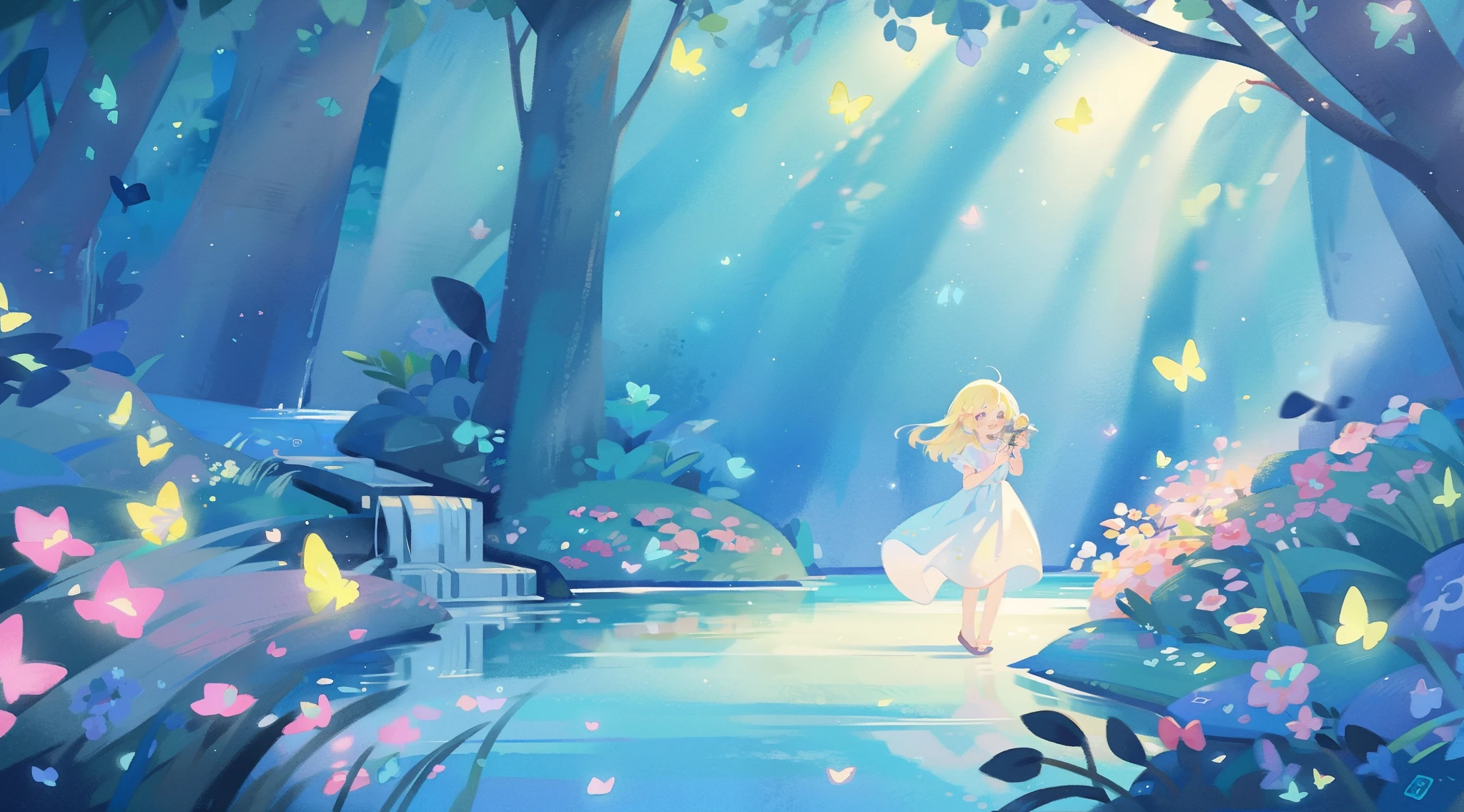 picture book illustration, watercolor storybook illustration, vibrant pastel colors, dreamy, colorful, whimsical, magical, masterpiece, best quality, sharp focus, intricately detailed environment, fine detail, 8k resolution, waterfall lagoon, (magical lagoon), (waterfall, lake), (glowing lights, fireflies, glowing butterflies