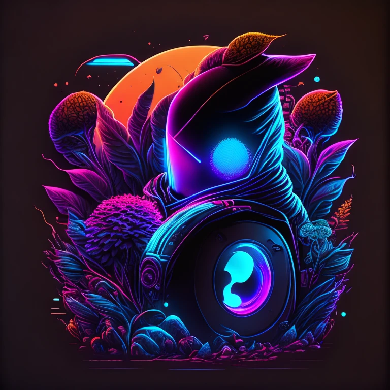 um disco de vinil, plantas sobre, estampa marrom, personagem (ghostly), arte detalhes perfeitos, arte em vetor/neon light, cores marrom/preto/azul