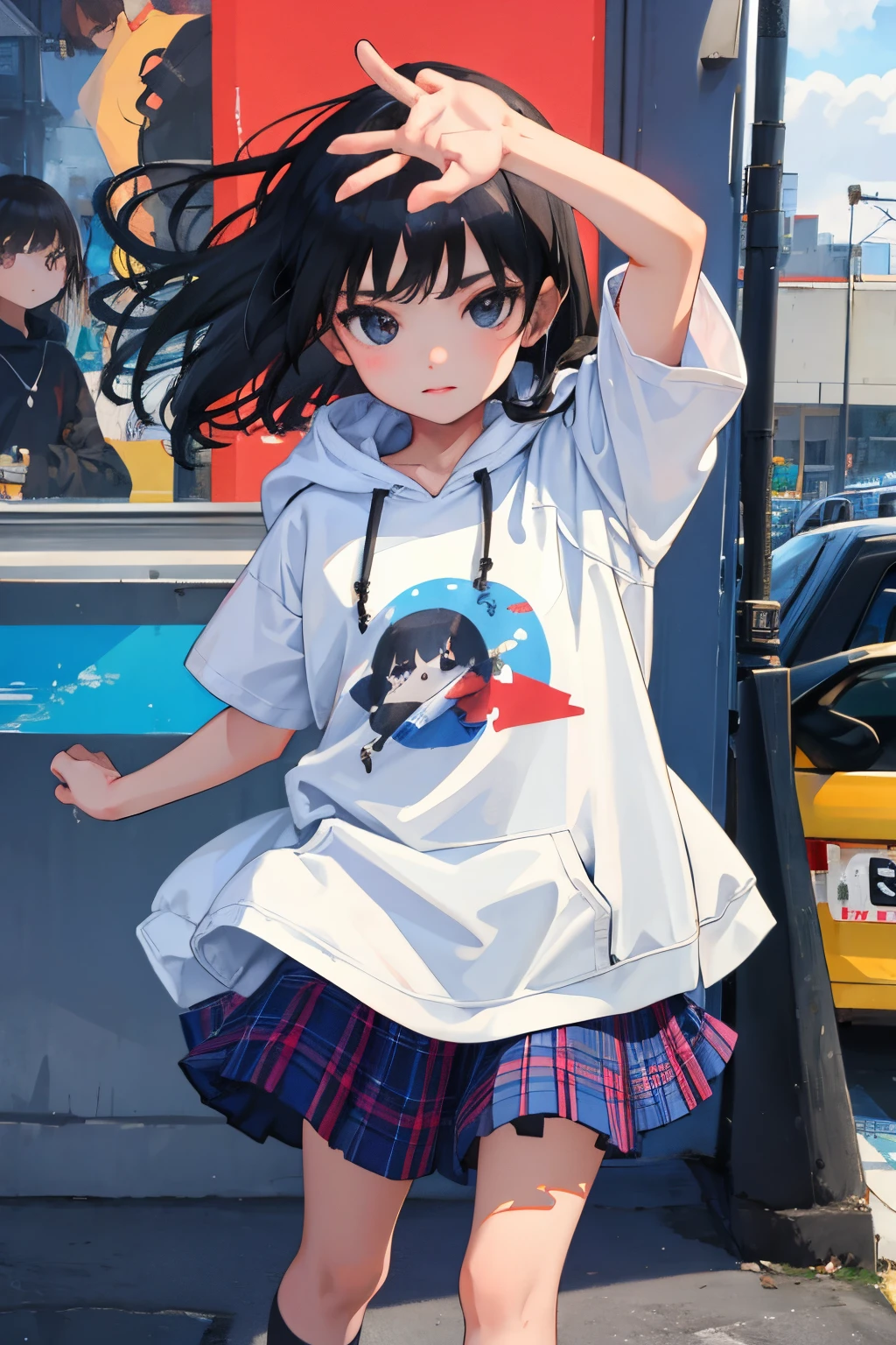 (:1.2),(masterpiece,Highest Quality),Short sleeve hoodie,plaid skirts,A dark-haired,The wind is blowing,World of toys