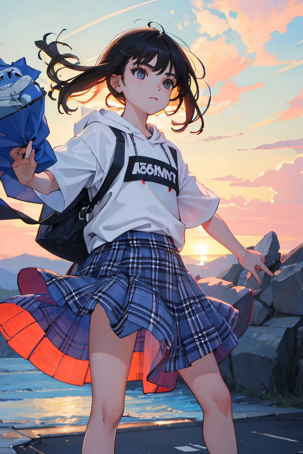 (:1.2),(masterpiece,Highest Quality),Short sleeve hoodie,plaid skirts,A dark-haired,The wind is blowing,World of toys