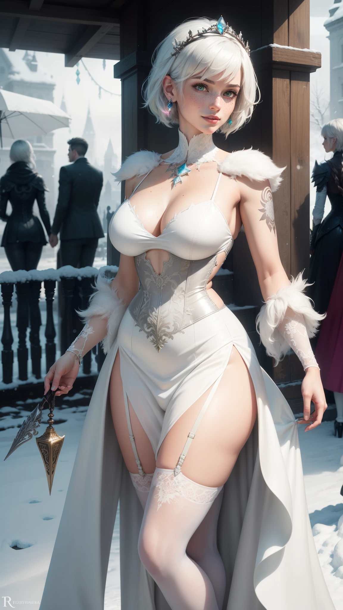 gwen tennyson,tracer,y'shtola rhul,yorha 2b,rebecca chambers,frozen,nier automata,atelier ryza,close up,magic school,tattoos,white plugsuit,white short sleeve crystal top,silver embroidery long white crystal gown dress,silver embroidery corset,garter belt, short hair,princess makeup,green glowing eyes,multicolored silver hair,sexy smile,freckles,beautiful girl,large breasts,8k,ultra detailed,realistic,fantasy art,crystal armor,feathered armor,winter queen outfit,long dress train,crystal crown,ear piercings,crystal hand and neck jewelry,walking,crystal wand,(weather:snowing)