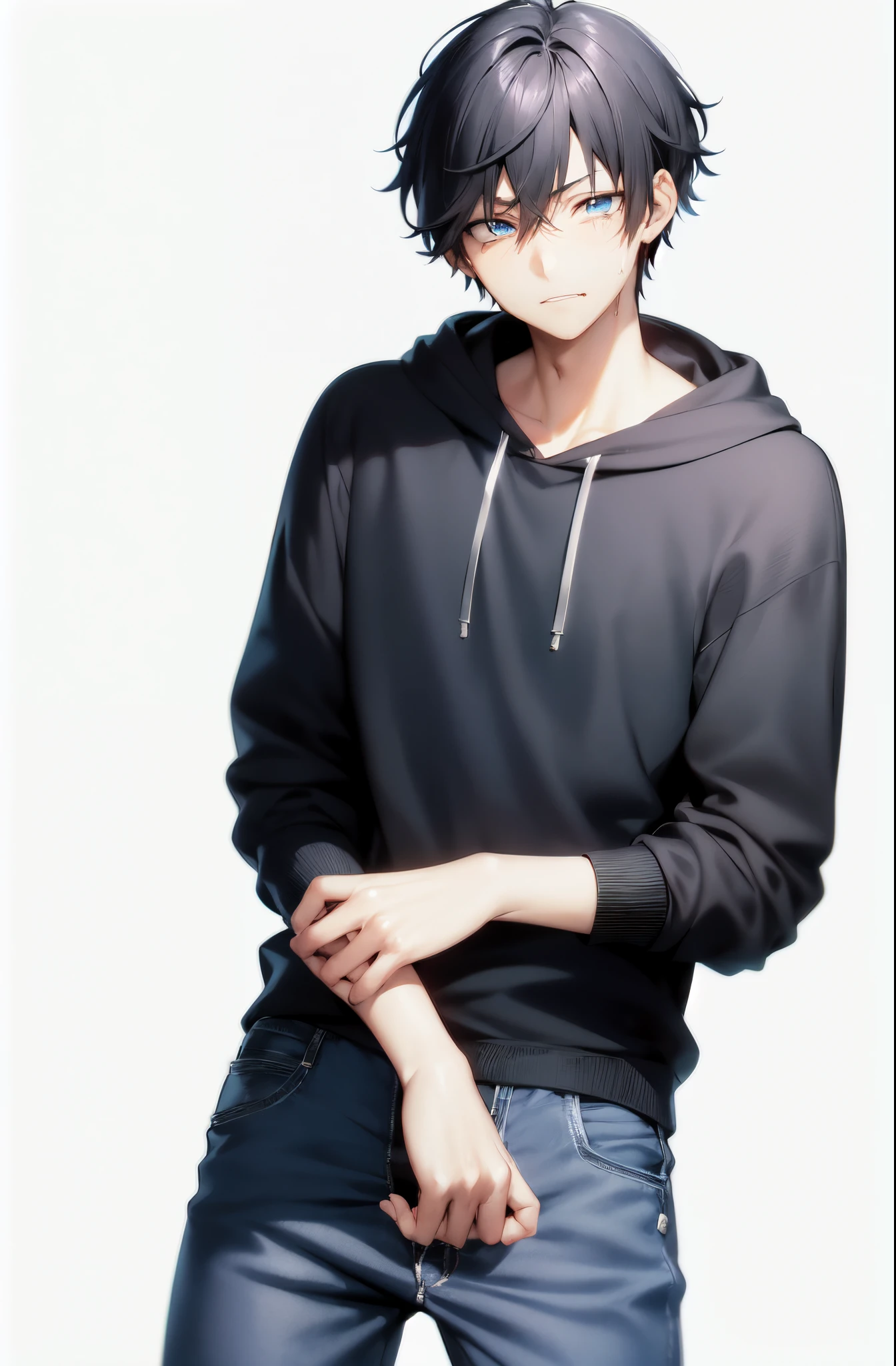 1boy, black hair, blue eyes, blue hoodie, jean pants, no background, 8k, masterpiece, high res, detailed eyes, standing, plain white background, high quality hands, blur background