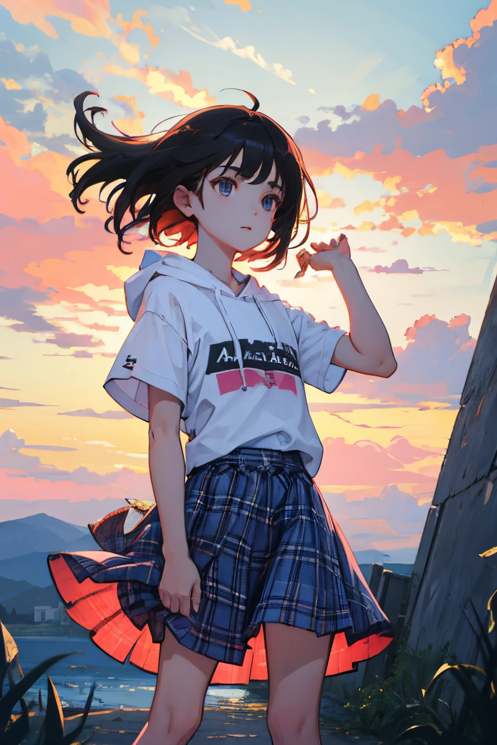 (:1.2),(masterpiece,Highest Quality),Short sleeve hoodie,plaid skirts,A dark-haired,The wind is blowing,World of toys
