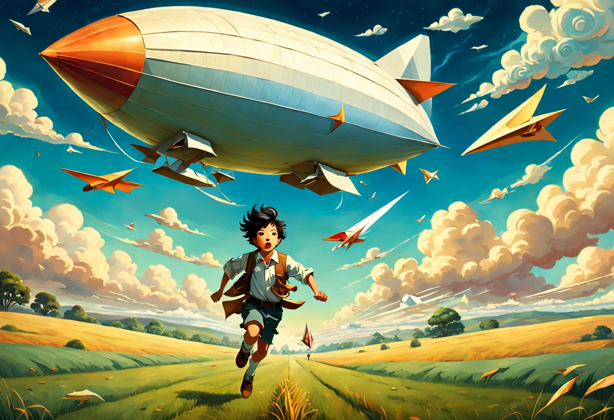 anime scene of a kid running on the grassland with a paper airplane, a dream, giant airships in the sky,, in the style of surrealistic dreams, anime inspired, diego rivera, album covers, transcendental dreaming,in the style of translucent planes, dramatic skies, gigantic scale, airbrush art, nightcore, iconic civil rights imagery, heavy impasto