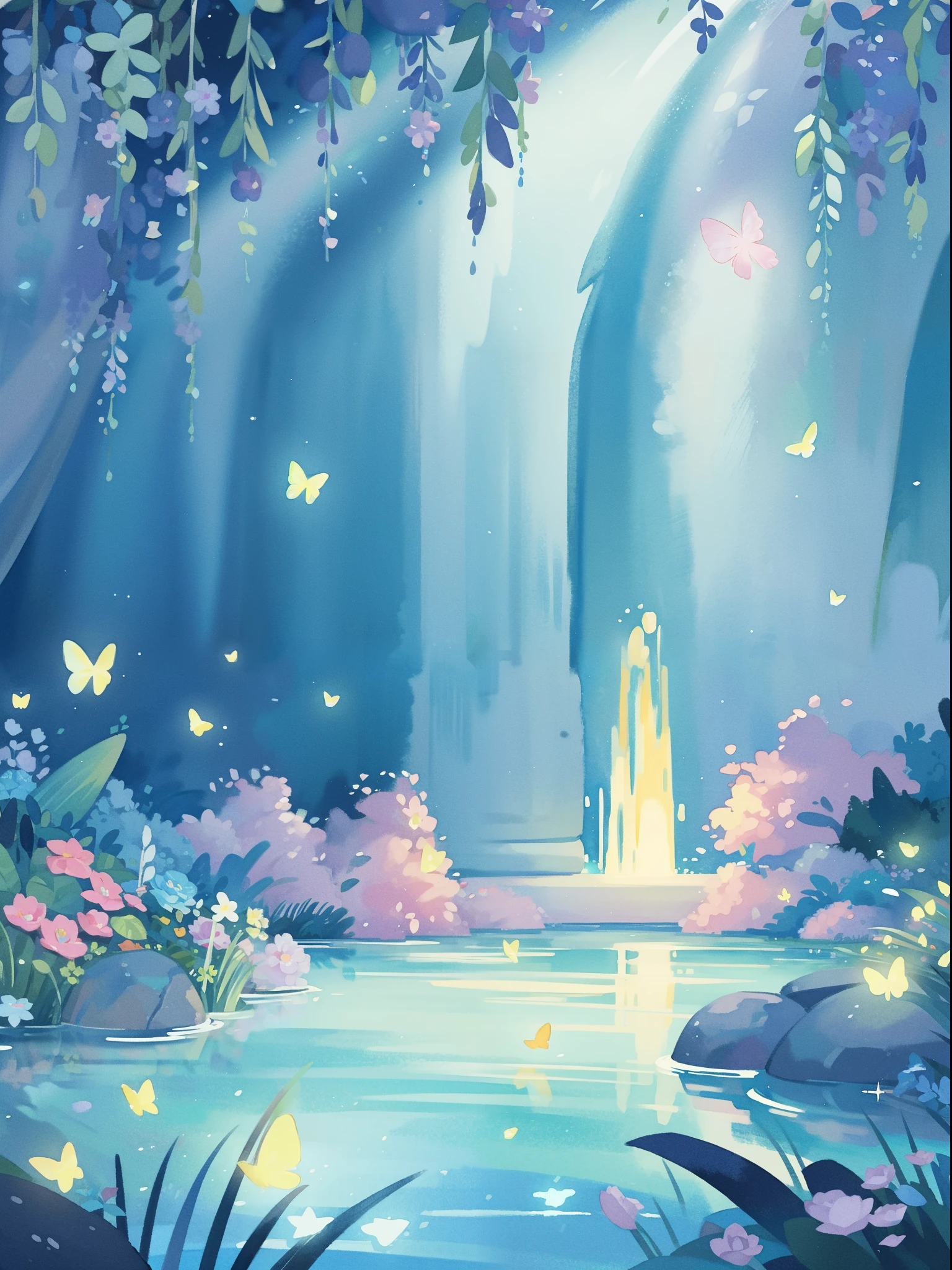 picture book illustration, watercolor storybook illustration, vibrant pastel colors, dreamy, colorful, whimsical, magical, masterpiece, best quality, sharp focus, intricately detailed environment, fine detail, 8k resolution, waterfall lagoon, (magical lagoon), (waterfall, lake), (glowing lights, fireflies, glowing butterflies