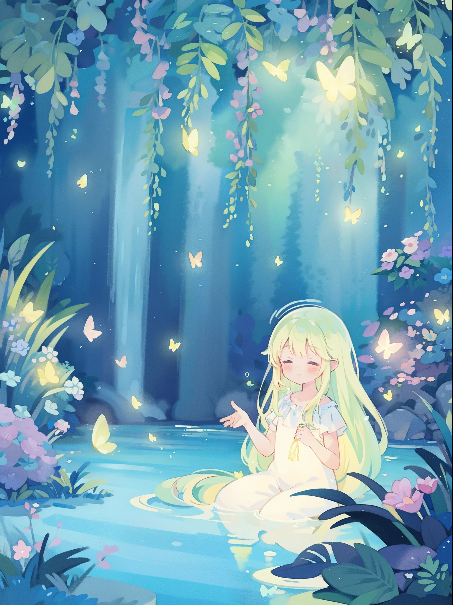 picture book illustration, watercolor storybook illustration, vibrant pastel colors, dreamy, colorful, whimsical, magical, masterpiece, best quality, sharp focus, intricately detailed environment, fine detail, 8k resolution, waterfall lagoon, (magical lagoon), (waterfall, lake), (glowing lights, fireflies, glowing butterflies