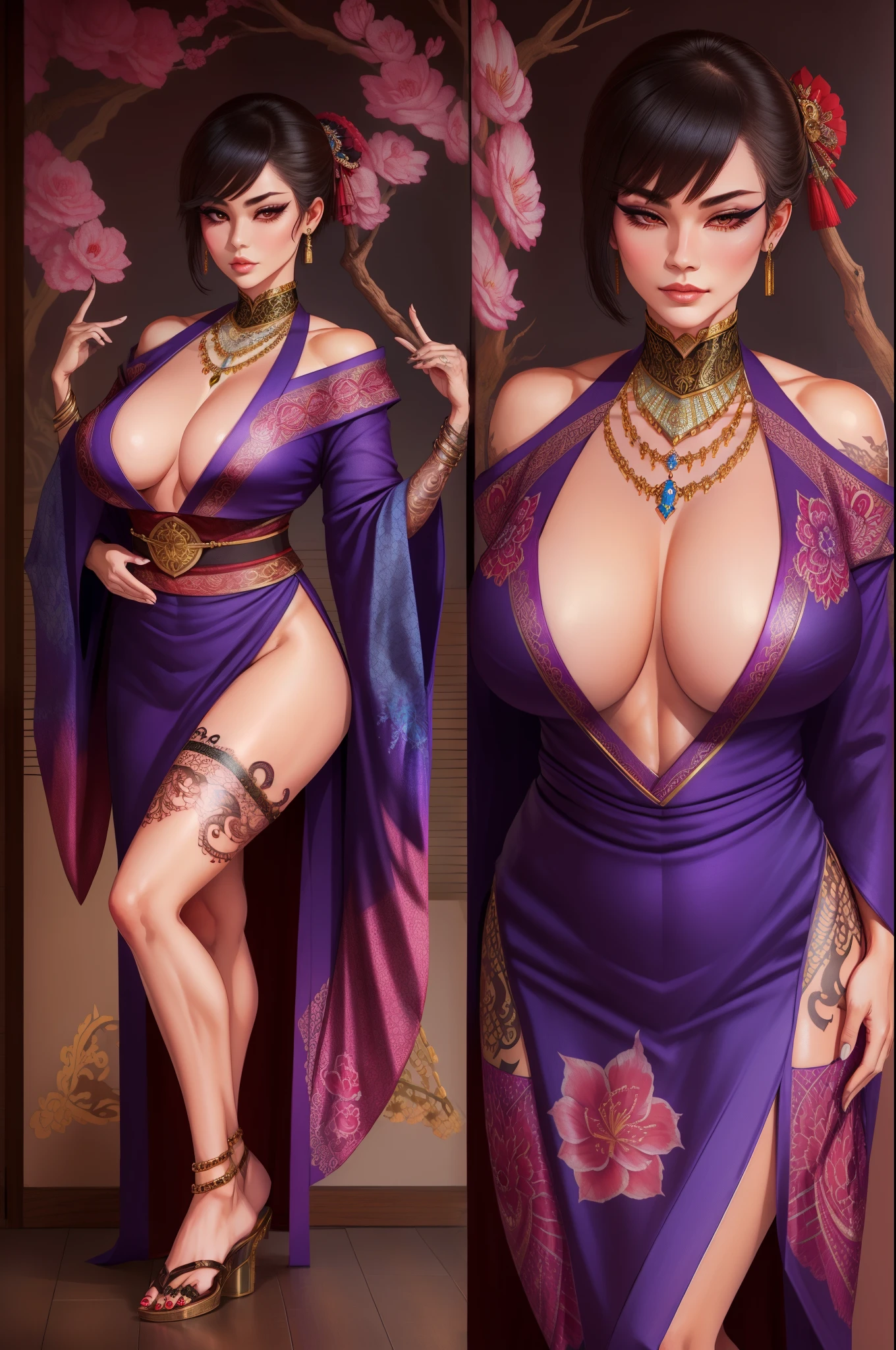 1girl, ((muscular body:1)), intricate, kimono, (eyeliner:1.2), looking at viewer,jewelry, detailed background,huge breasts (masterpiece, high quality:1), full body shot, mystic tattoos, thigh slit, long legs