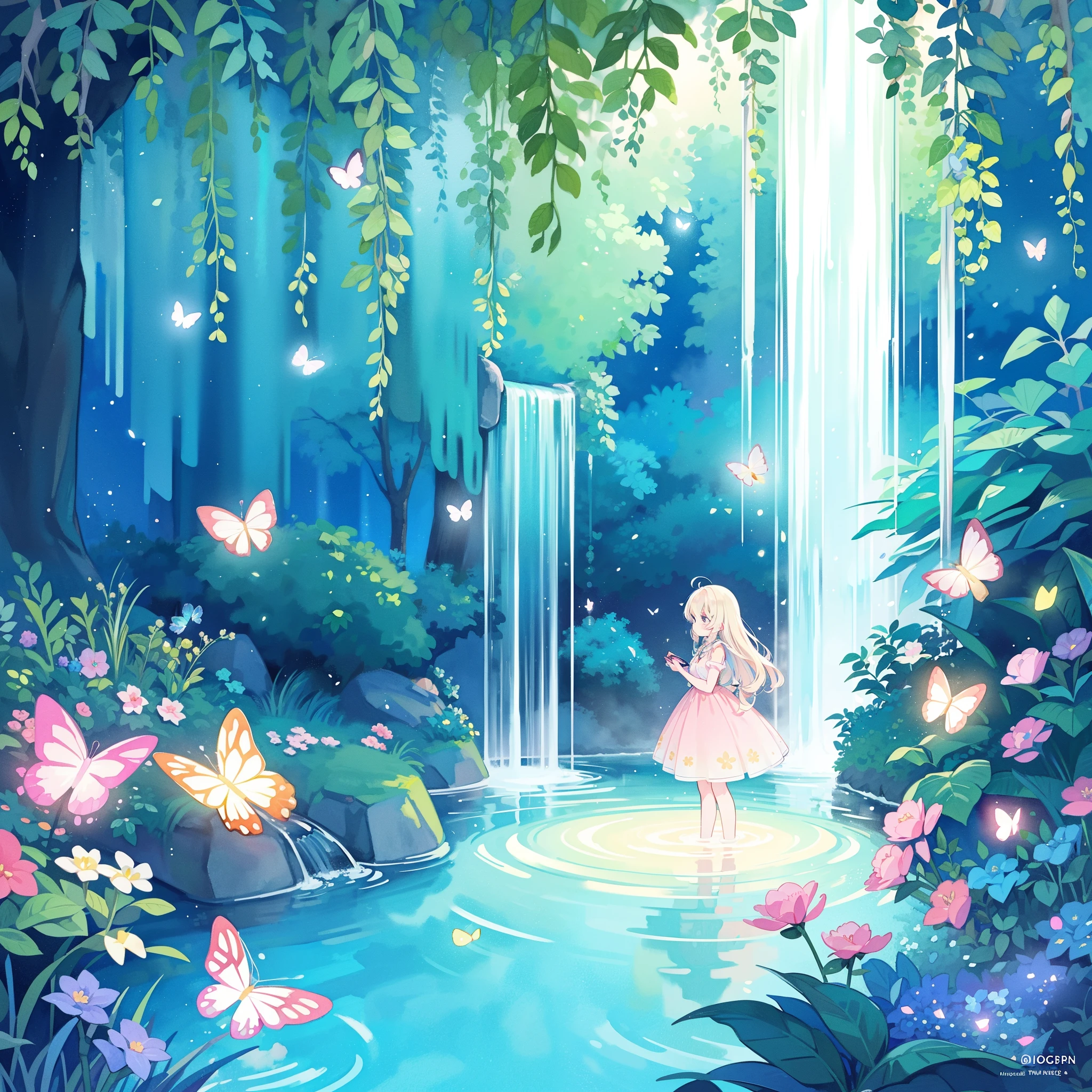 A girl in a pink dress standing in a stream of water - SeaArt AI