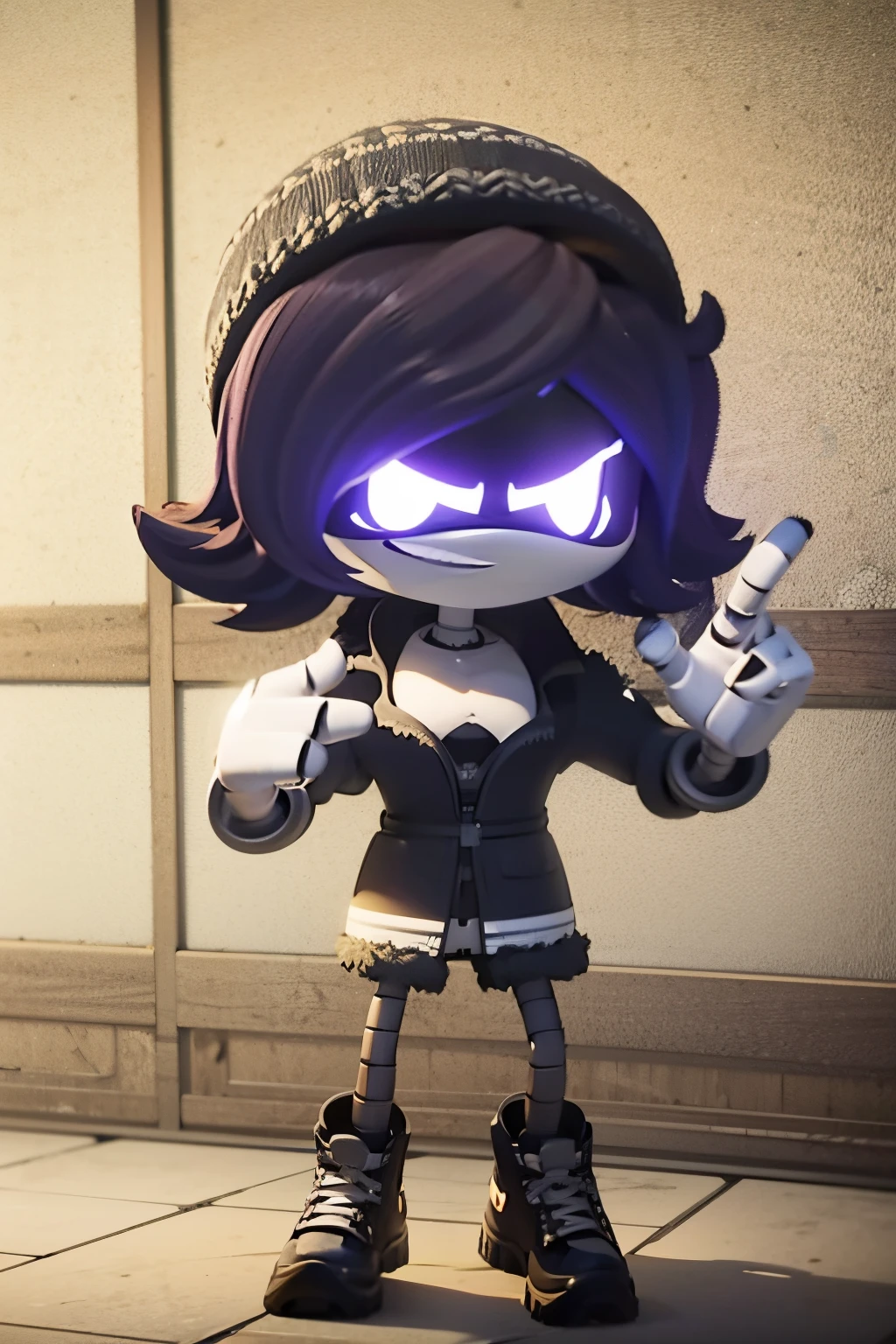 uzi, low camera angle, smile, ok gesture, ok hand gesture