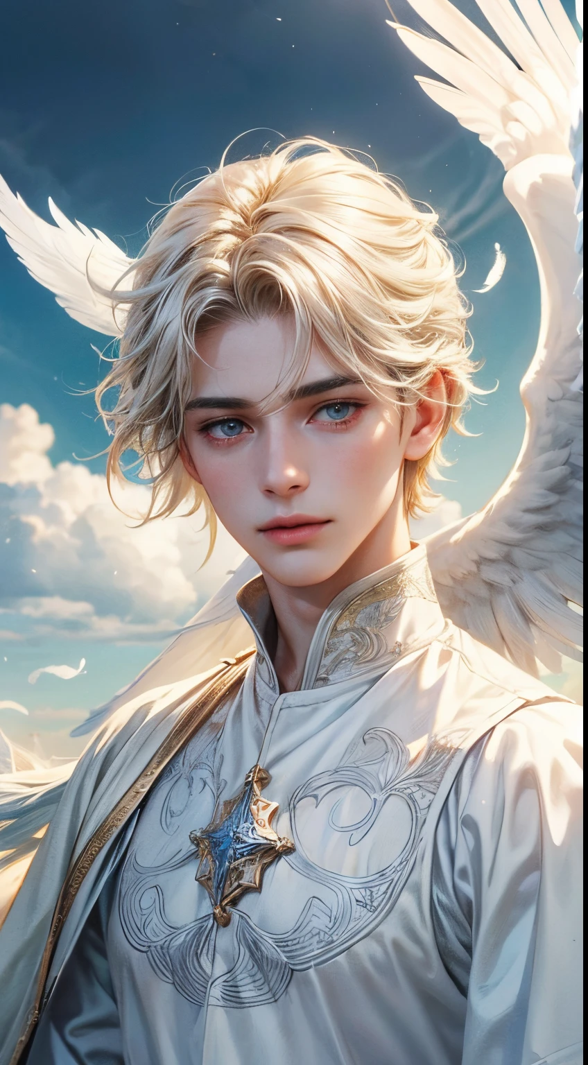 Beautiful boy angel in medieval white clothes, Above the beautiful and realistic clouds, big and realistic white feathers, masuter piece, high-level image quality, Realistic and delicate depiction, Looking at Viewer, Beautiful, Realistic and delicate face