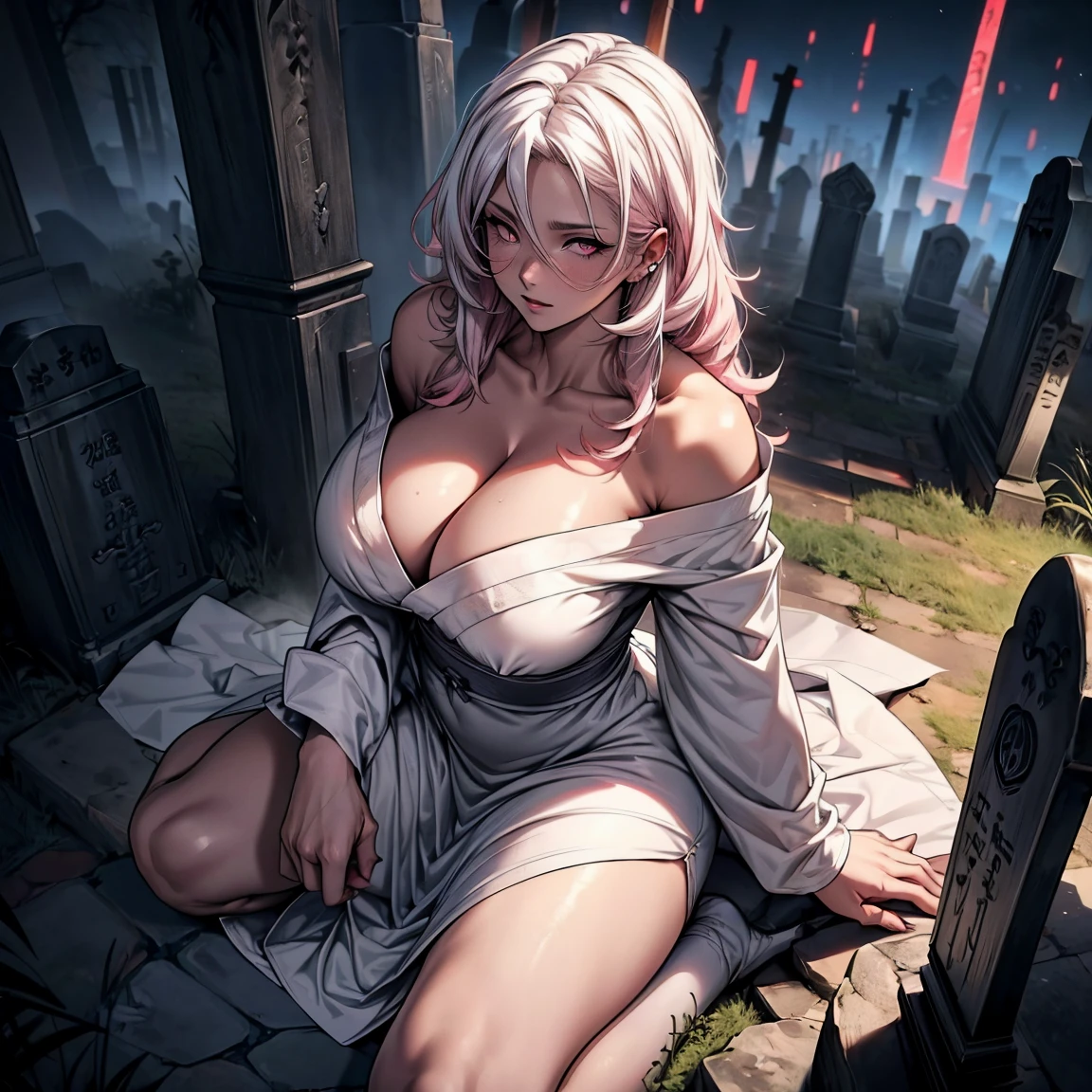 Masterpiece, 1girl,solo,huge breasts, ghost costume , (hitodama) ,night, tombstone, graveyard, long sleeves, very long sleeves, , ghost, pale skin,, off shoulder, cleavage, no bra, (((extremely long white hair))), lying on ground by tombstone, bare legs, shredded tattered clothes, curvy wide hips, massive breasts, chubby thighs, (((beautiful bright pink anime eyes))), japanese graveyard, from above, full lips, beautiful mature face, MILF dark lighting