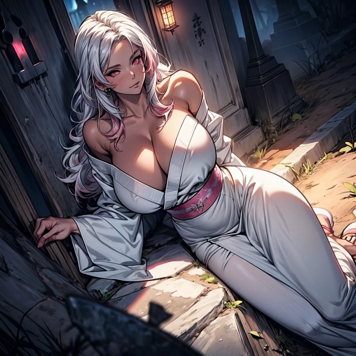 Masterpiece, 1girl,solo,huge breasts, ghost costume , (hitodama) ,night, tombstone, graveyard, long sleeves, very long sleeves, , ghost, pale skin,, off shoulder, cleavage, no bra, (((extremely long white hair))), lying on ground by tombstone, bare legs, shredded tattered clothes, curvy wide hips, massive breasts, chubby thighs, (((beautiful bright pink anime eyes))), japanese graveyard, from above, full lips, beautiful mature face, MILF dark lighting