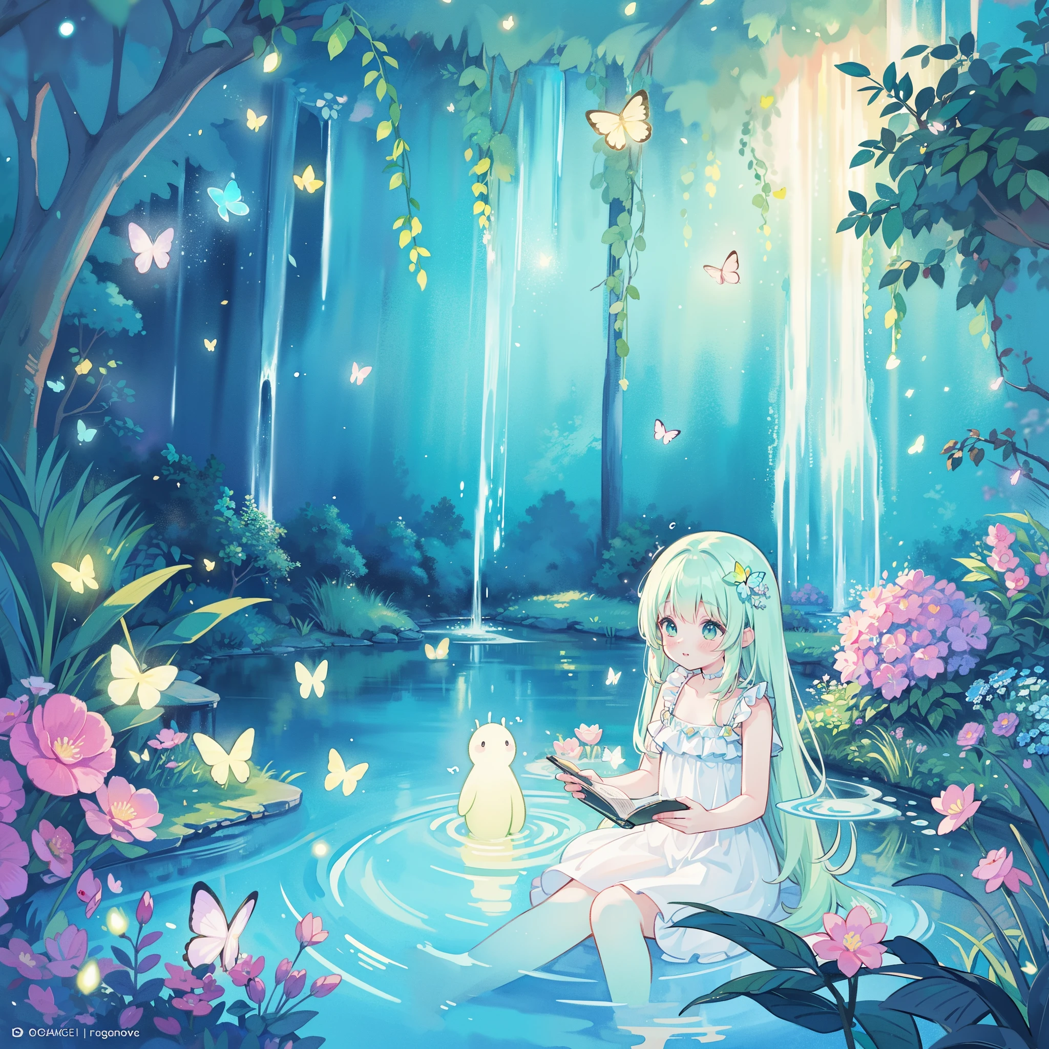 picture book illustration, watercolor storybook illustration, vibrant pastel colors, dreamy, colorful, whimsical, magical, masterpiece, best quality, sharp focus, intricately detailed environment, fine detail, 8k resolution, waterfall lagoon, (magical lagoon), (waterfall, lake), (glowing lights, fireflies, glowing butterflies