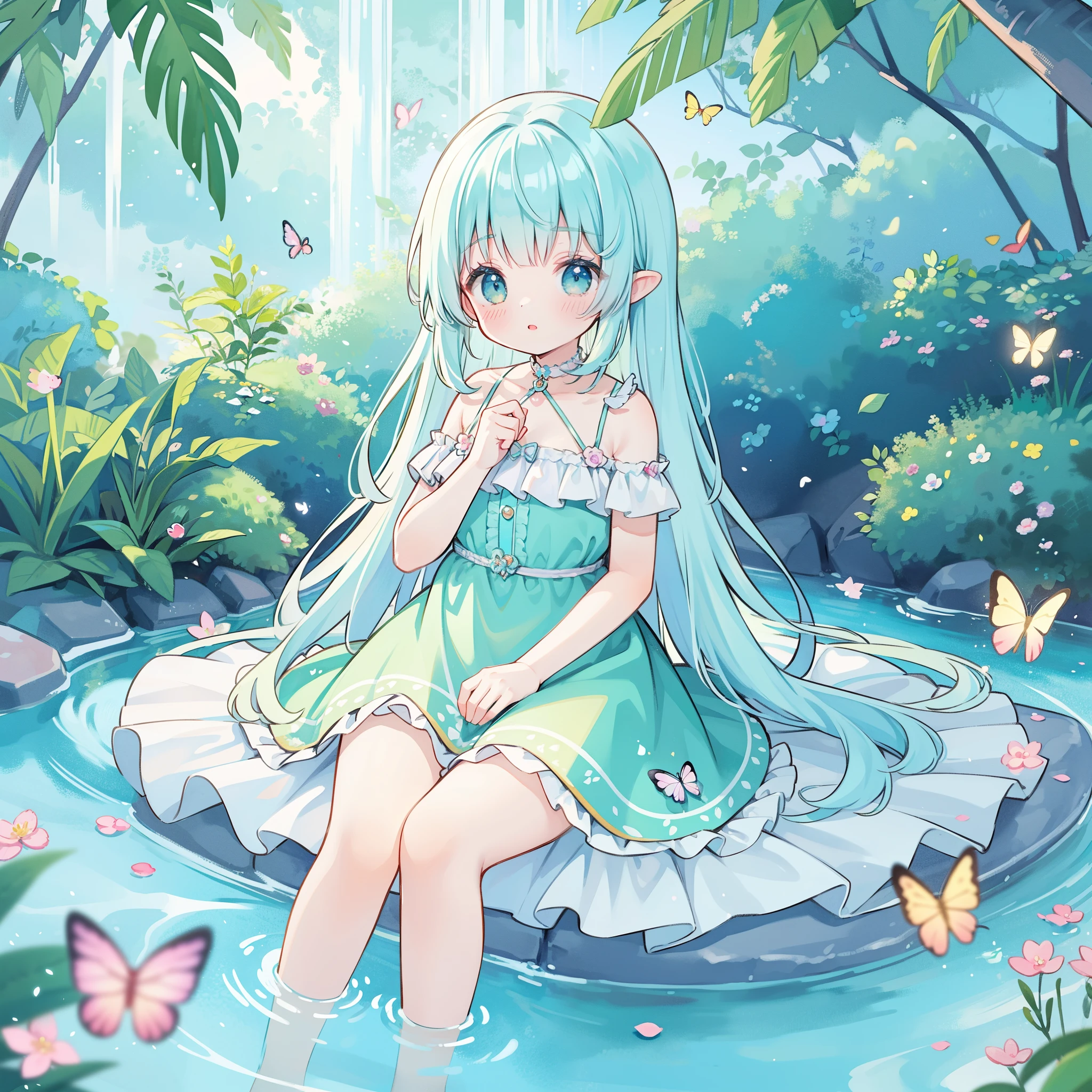 watercolor illustration, vibrant pastel colors, dreamy, colorful, whimsical, magical, masterpiece, best quality, sharp focus, intricately detailed environment, fine detail, 8k resolution, waterfall lagoon, (magical lagoon), (waterfall, lake), glowing butterflies, cute puffy fairy creatures, glowing beautiful girl