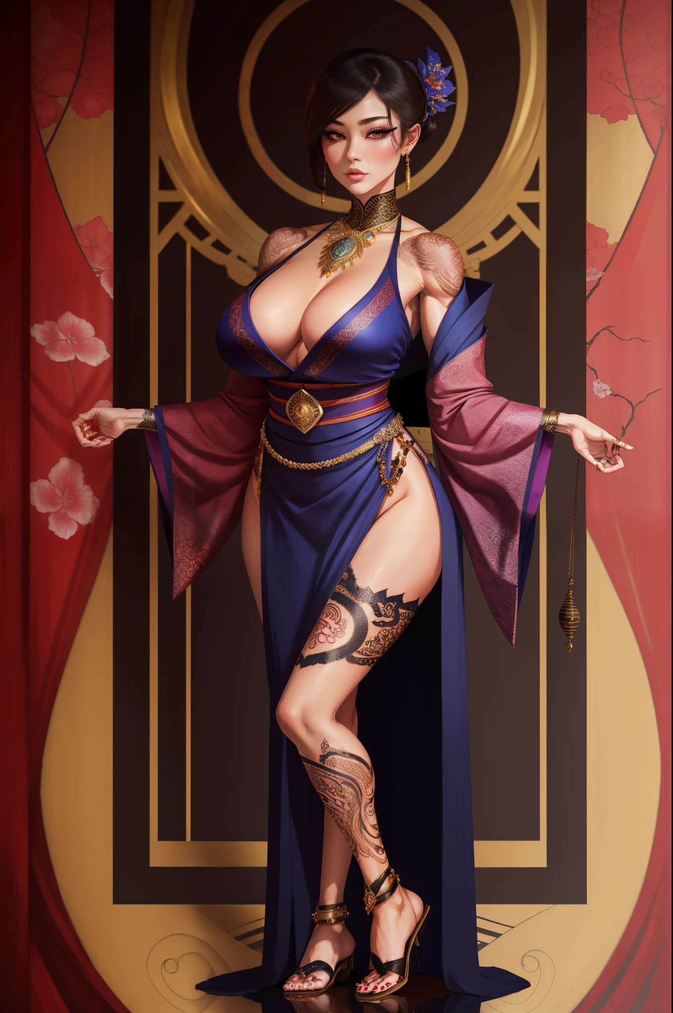 1girl, ((muscular body:1)), intricate, kimono, (eyeliner:1.2), looking at viewer,jewelry, detailed background,huge breasts (masterpiece, high quality:1), full body shot, mystic tattoos, thigh slit, long legs