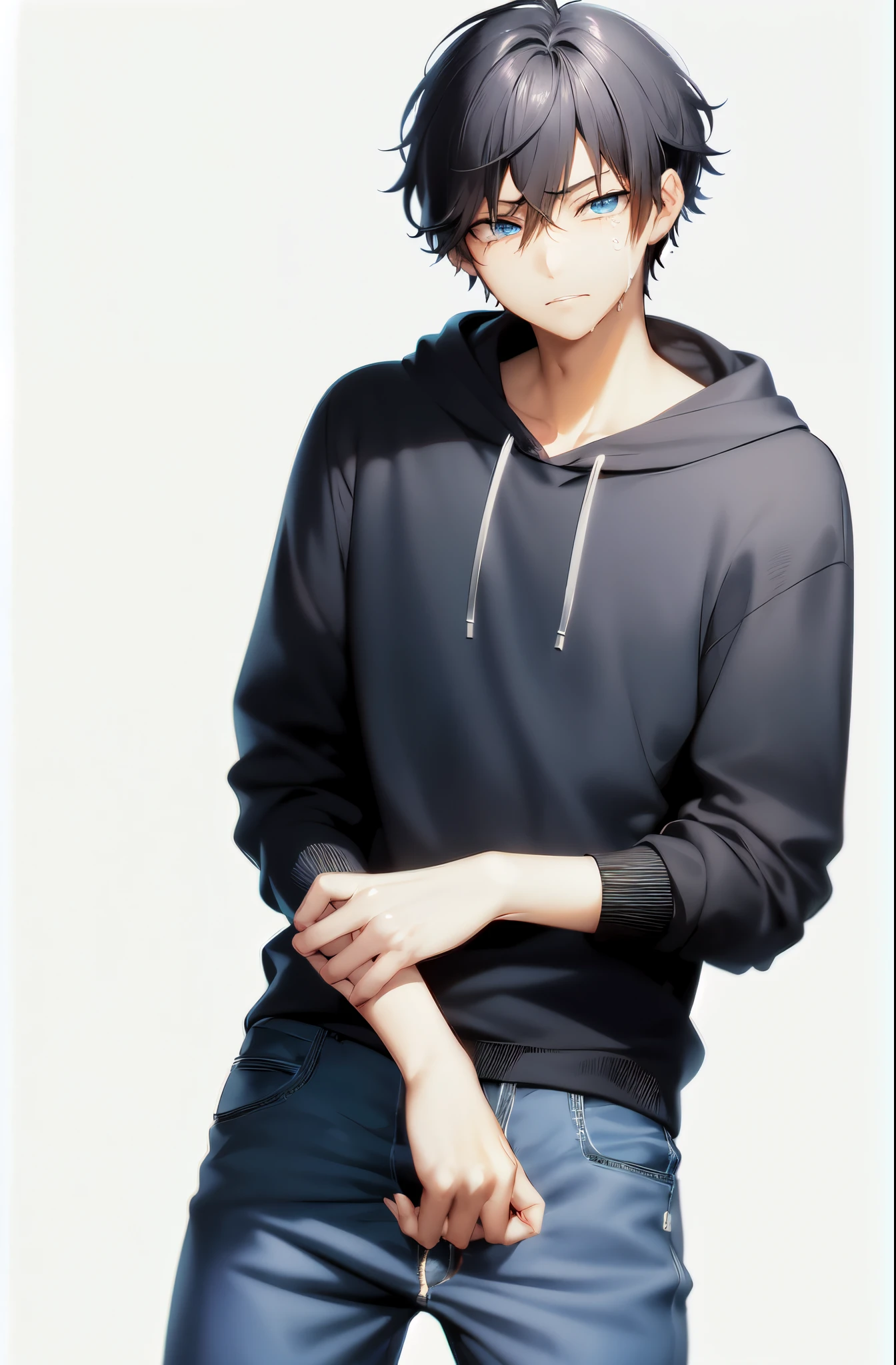 anime guy in black hoodie and jeans posing for a picture, tall anime guy with blue eyes, handsome anime pose, inspired by Okumura Masanobu, inspired by Okumura Togyu, kentaro miura manga art style, kentaro miura art style, anime handsome man, !!full body portrait!!, kentaro miura art, not happy, no smile, sad face, sad, crying, tears, emotional, tears down the face, watery eyes