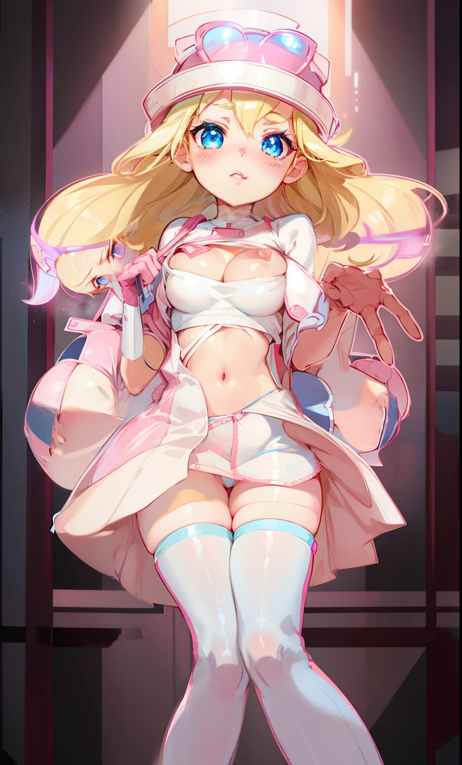 blush, ,, blue eyes, red fingerless gloves,glowing aura, natural light, masterpiece, glossy skin, juicy lips ,short hair, cute, kawaii, adorable,adult, cuddle, kawaii clothes,blonde hair, random action, sexy, honipple slip body, nurse uniform , juicy lips, hospital, evil blood, ((from below)), hand out