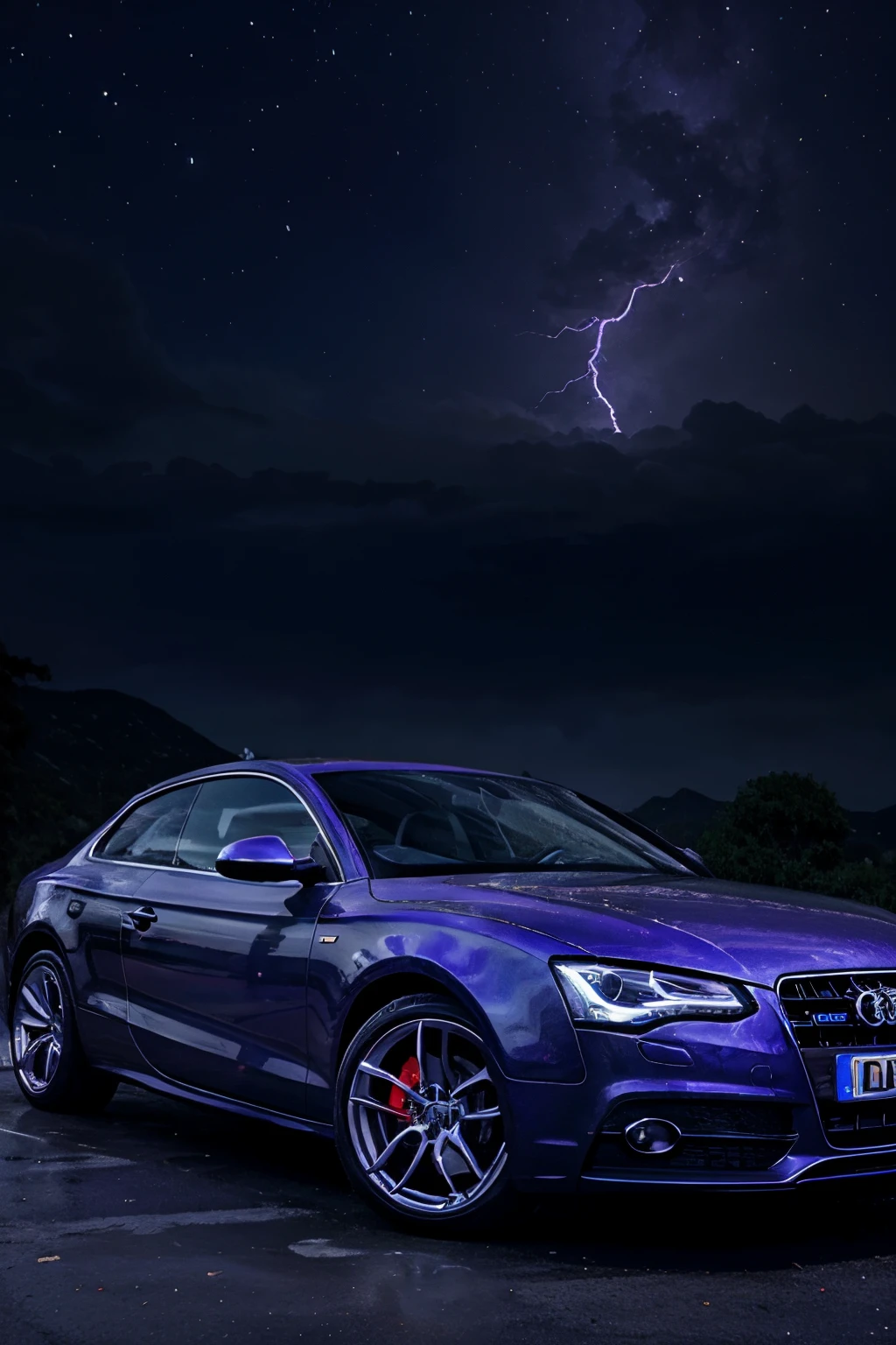 Audi A5, night, purple and blue moon, purple ambience, blue, stars, lightning