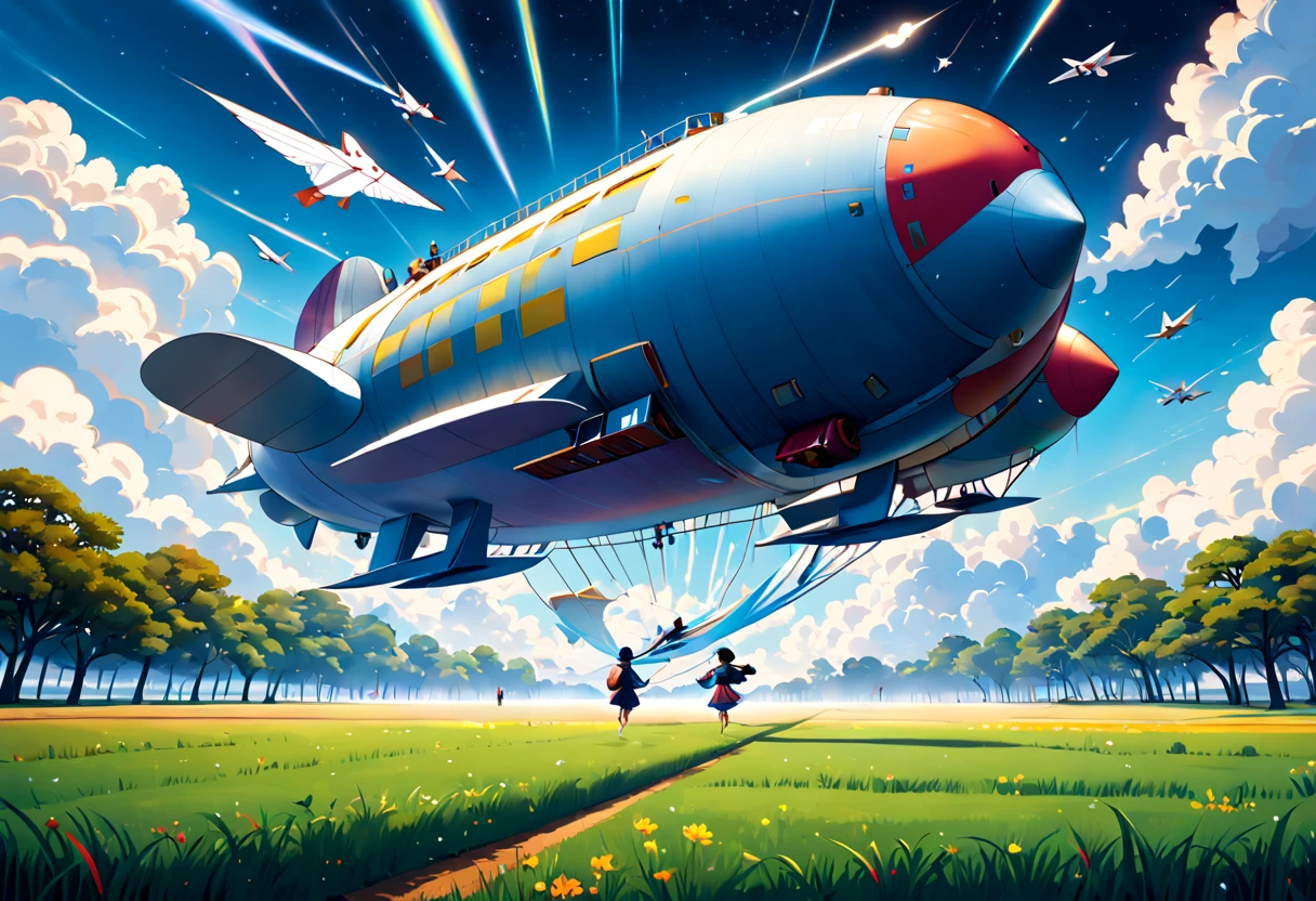 anime scene of a kid running on the grassland with a paper airplane, a dream, giant airships in the sky,, in the style of surrealistic dreams, anime inspired, diego rivera, album covers, transcendental dreaming,in the style of translucent planes, dramatic skies, gigantic scale, airbrush art, nightcore, iconic civil rights imagery, heavy impasto