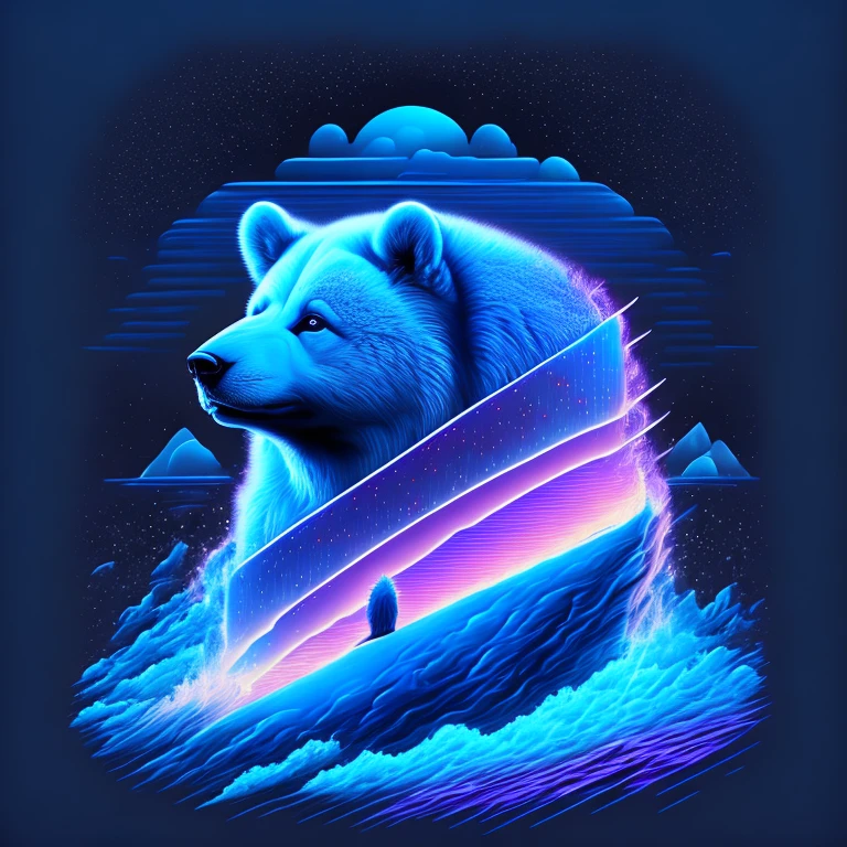 um disco polar de gelo, arte surreal, estampa azul/branco, personagem (urso das neves), arte detalhes perfeitos, arte em vetor/neon light, cores azul/branco/ciano/, cores glaciais