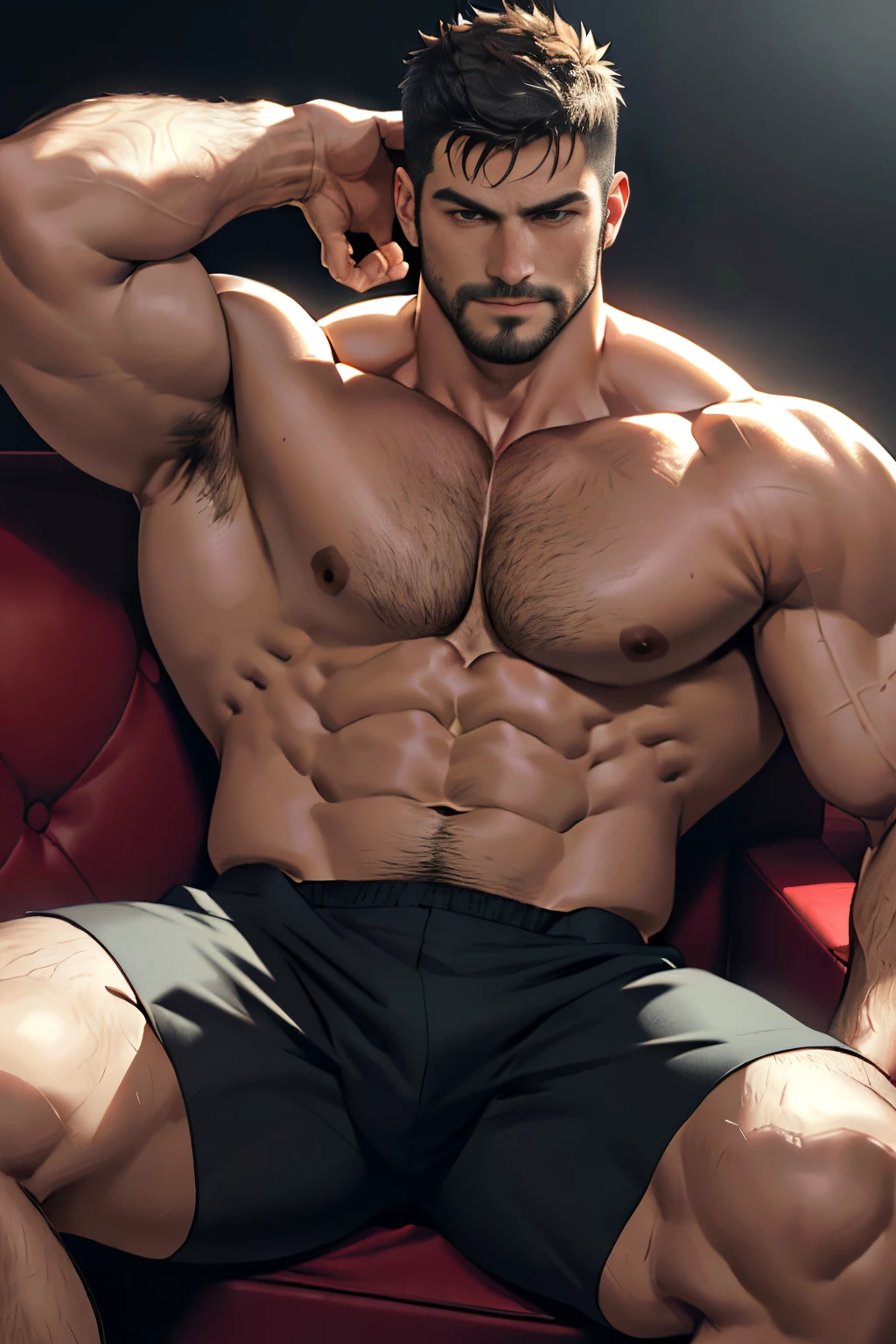 Best quality, masterpiece, expressionless,ultra high res,detailed background,realistic,1man,solo,male,muscular,mature male,short hair,facial hair,sitting,money,sofa, real shadow and light,depth of field, chest, biceps, pecs, abs, extremely tall,huge bulk huge balls, 8 pack abs