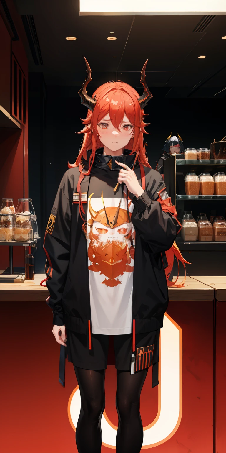 surtr from arknights, horns, collar, blushing, casual clothing, looks at POV, nervous, cafe background