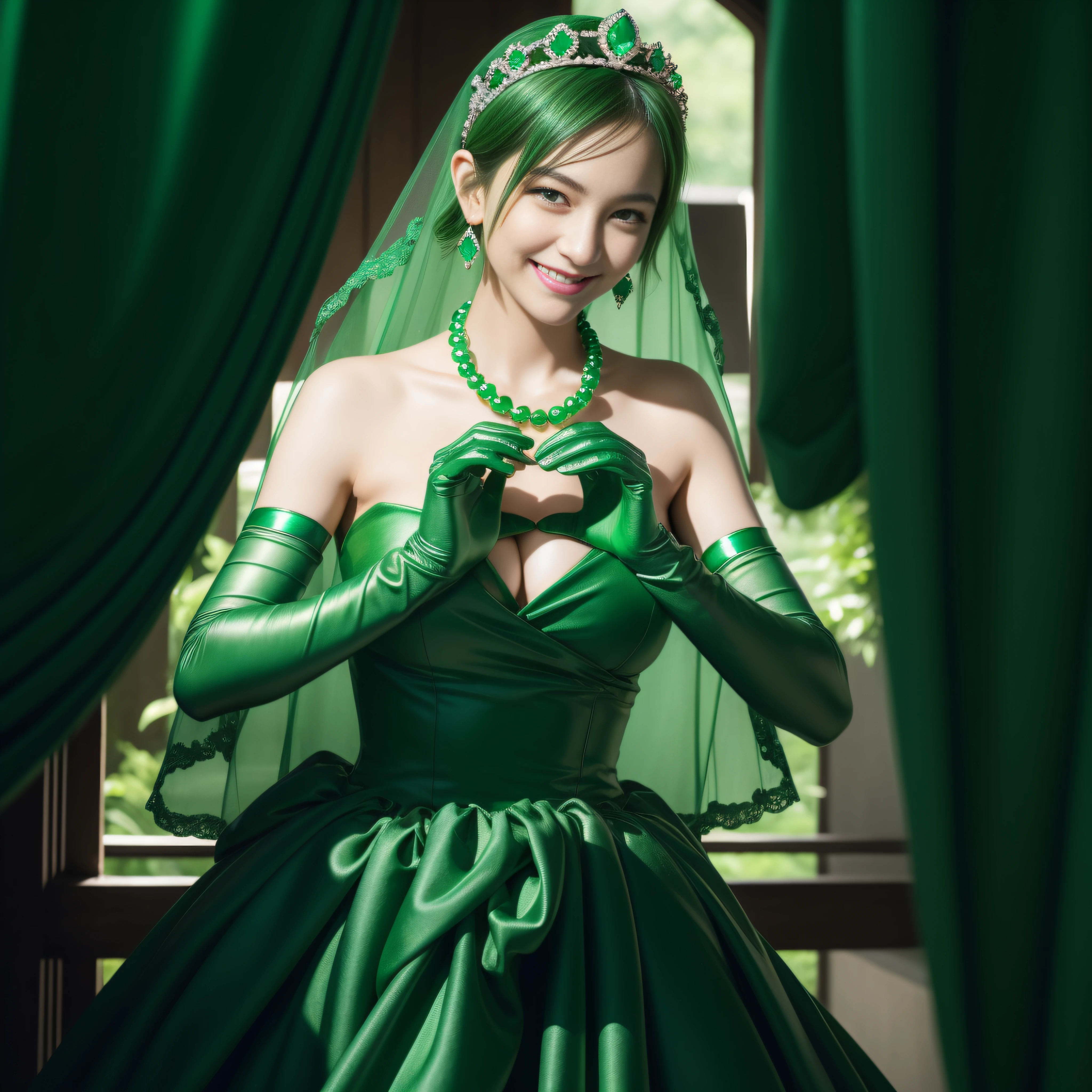 emerald tiara, Green Pearl Necklace, Boyish very short green hair, lipsticks, Japan woman smiling, very short short hair, big breasts beautiful, Green eyes, Long green gloves made of satin material, Green eyes, Emerald Earrings, green vale, Heart with both hands