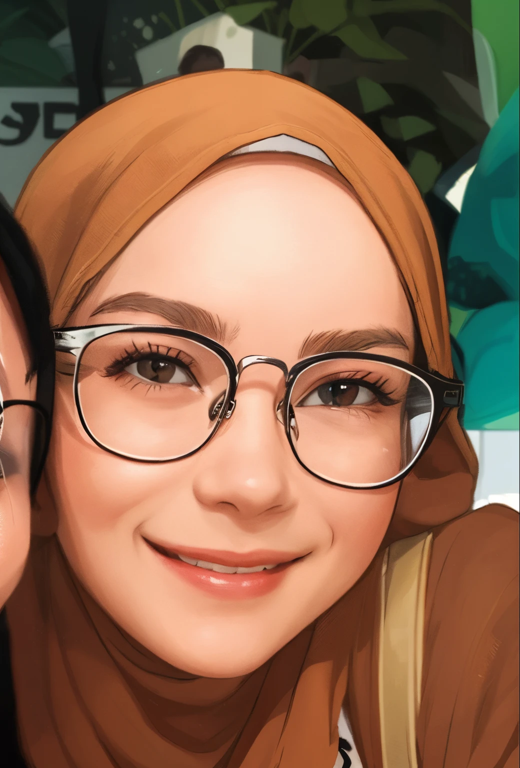 Girl wearing hijab,smiling for the camera, with glasses, spectacled, !!wearing modern glasses!!, girl with glasses, wearing glasses, thick round spectacles, !!wearing glasses!!, with square glasses, with glasses on, girl wearing round glasses, inspired by JoWOnder, eyeglasses, thick glasses, close up potrait, wearing square glasses, Smooth skin, 3d , a Muslim teacher,