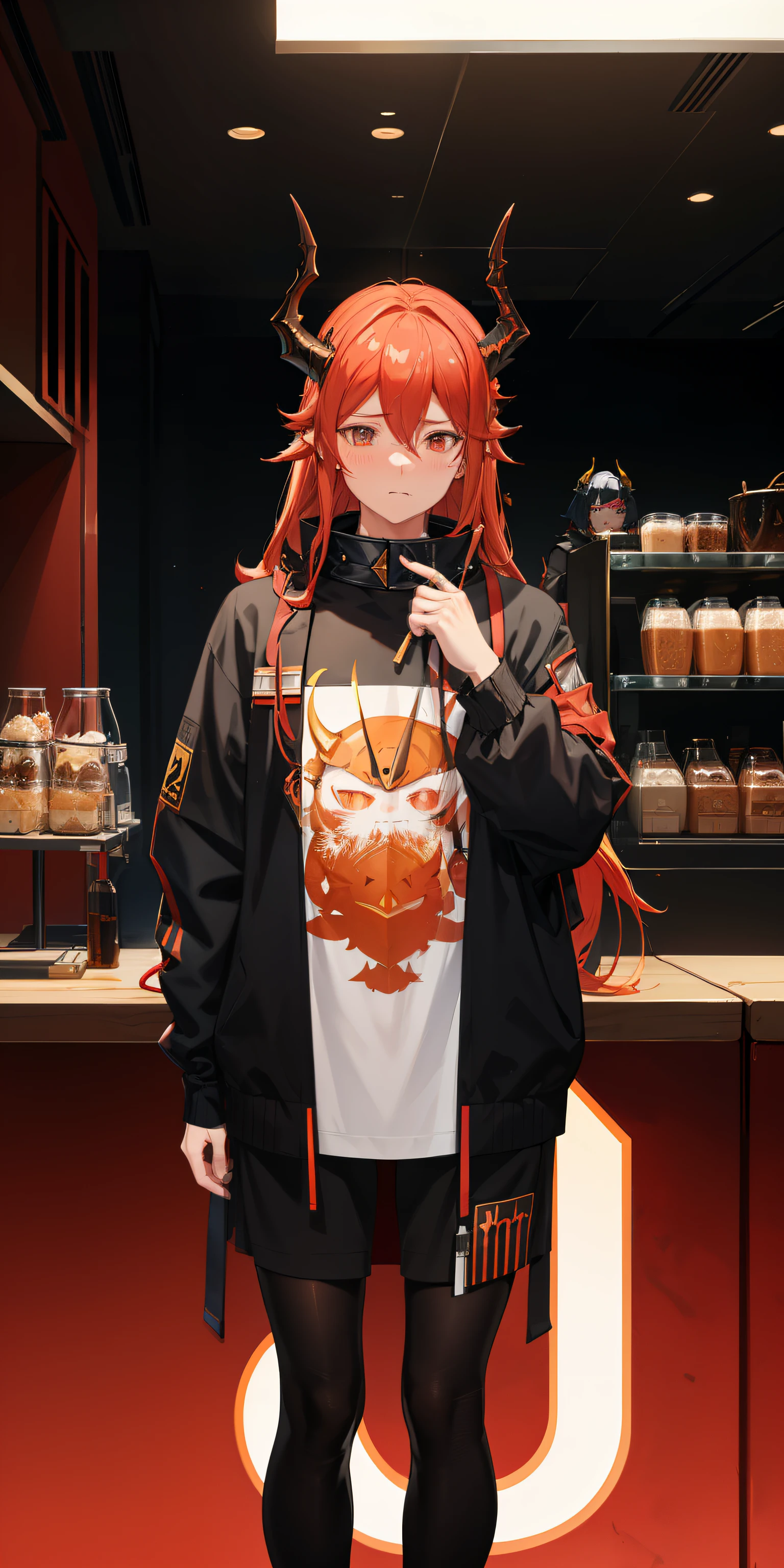 surtr from arknights, horns, collar, blushing, casual clothing, looks at POV, nervous, cafe background