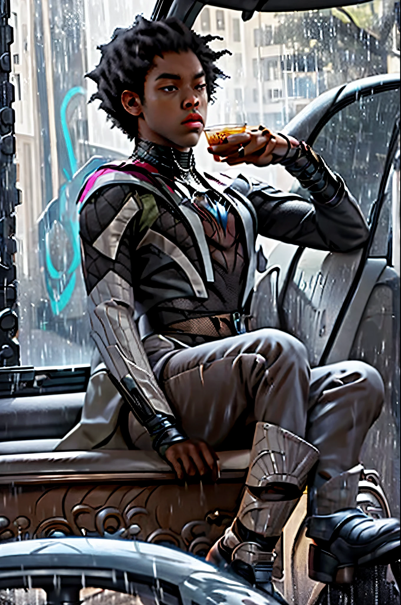 Miles Morales holding lean cup while sitting in the rain on a Bugatti