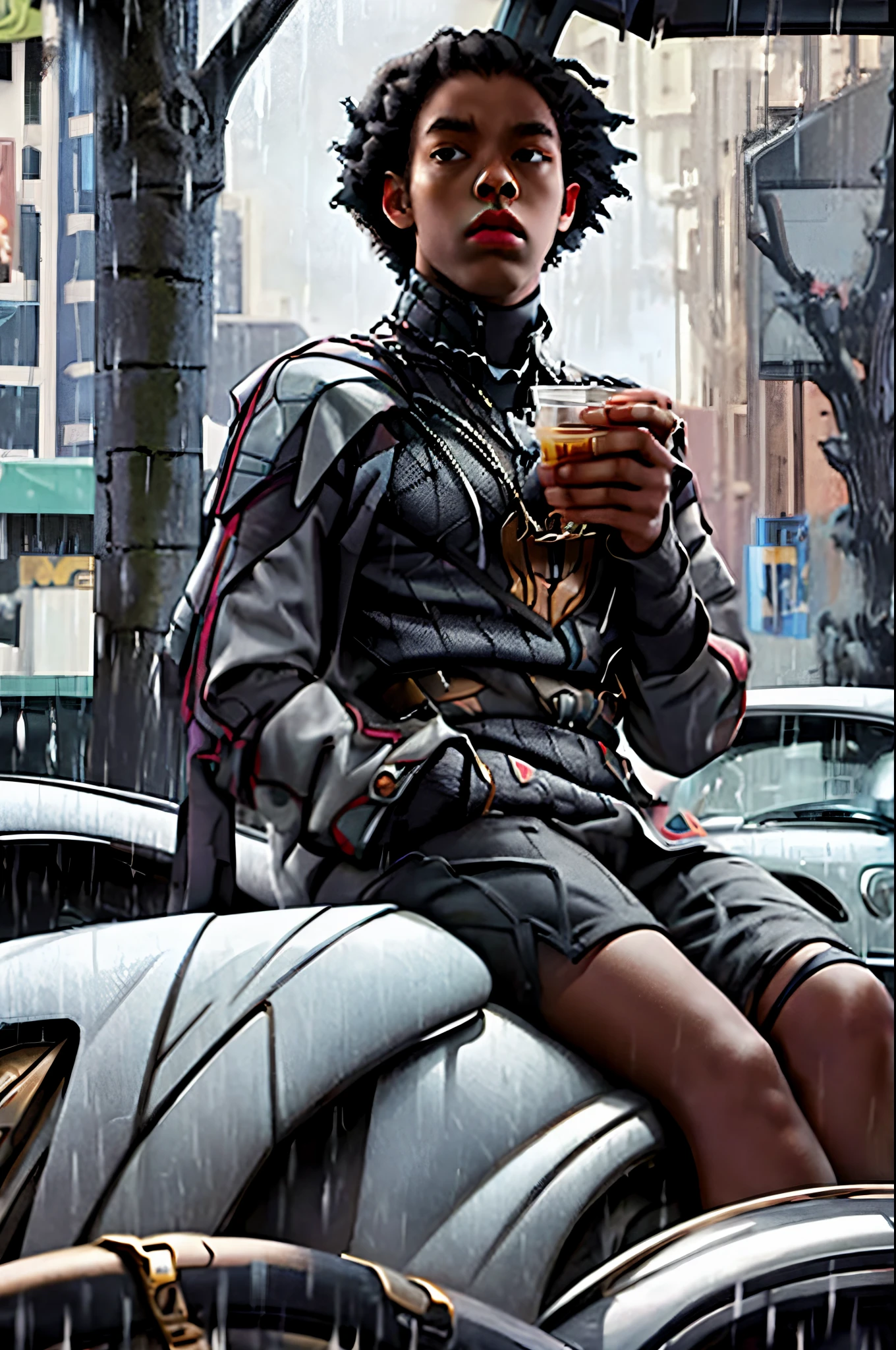Miles Morales holding lean cup while sitting in the rain on a Bugatti