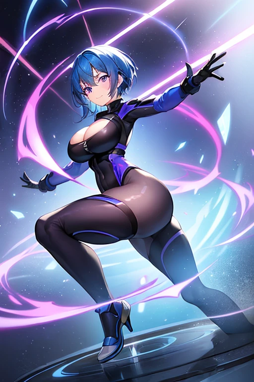 1girl, blue hair, large breasts, wide hips, purple eyes, bodysuit, black bodysuit, short hair, light smile, happy, very short hair, science-fiction, tech, futuristic, machinery, full body, ((full body)), whip. fighting stance
