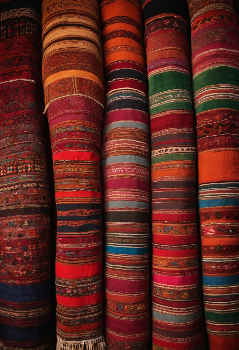 A mesmerizing shot of a colorful array of traditional Moroccan rugs and textiles in a bustling market,original,sasquatch