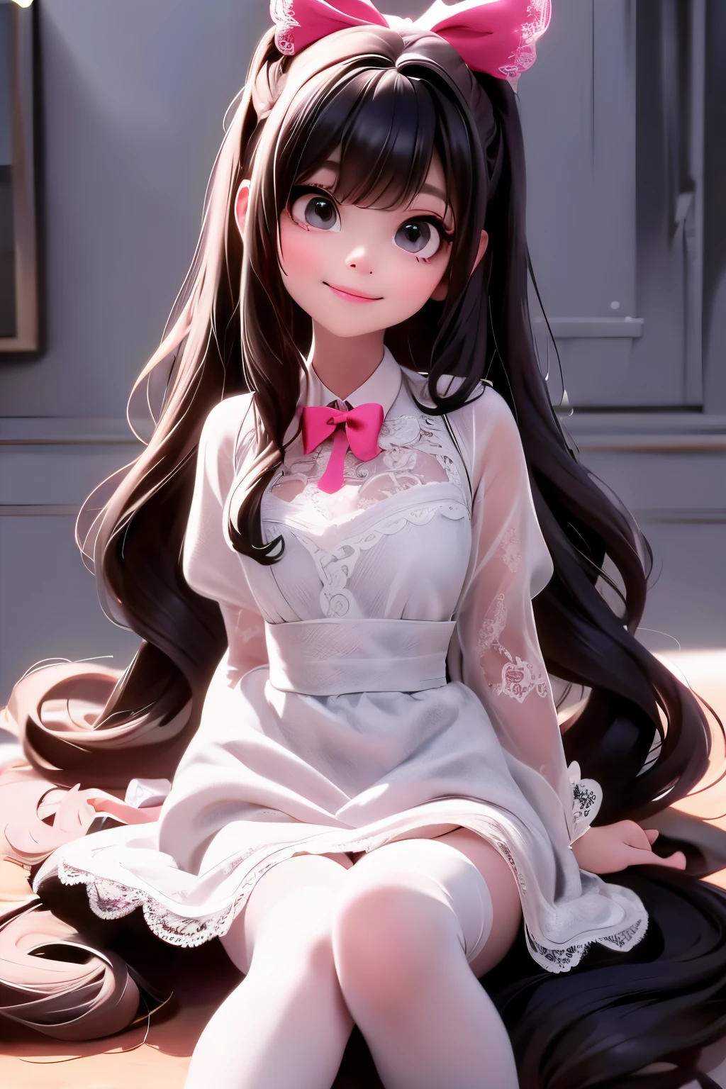 a demon girl smiling in a lace dress and black pumps posing for a picture, black hair, giant hair bow, wearing a lace dress, white tights, fashionable rpg clothing, sitting on her ankles, (sfw)