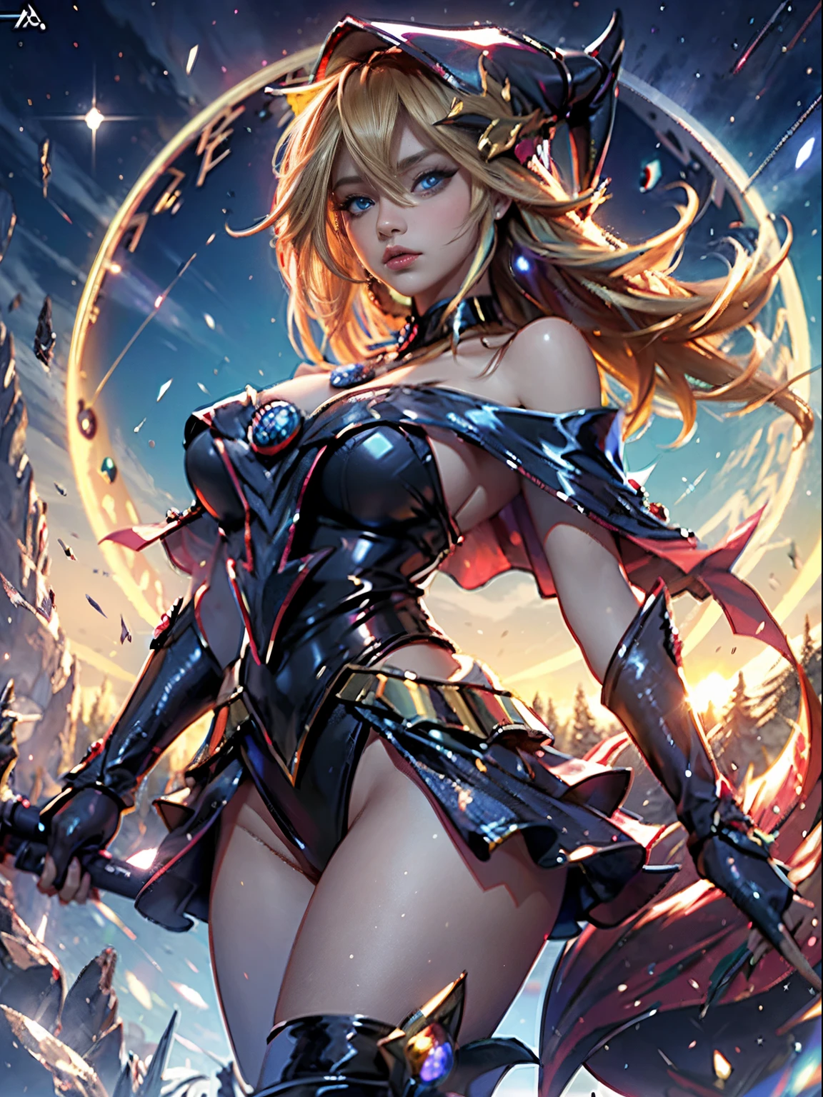 Dark magician gils. Rubia dorada sexy, ojos azules, Cara hermosa, Fit and athletic body, travieso, guarra, Manos perfectas, Manos detalladas, Ojos azules perfectos, ojos detallados, flirty, sexy, tetas grandes y alegres, cuerpo completo, realista, HDR, UHD, dynamic, sentado en el suelo frente a una chimenea, Posando, Santa Claus red dress, christmas tree, botas negras. Pose sejustiva y sensual