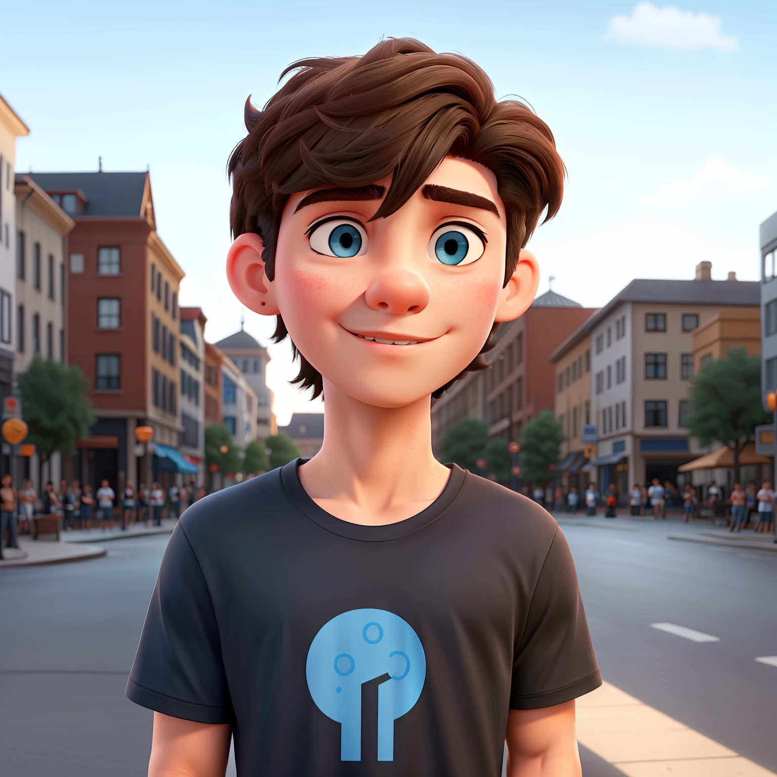 RAW photo, a portrait photo of 18 y.o boy blue eyes black Solomon T shirt brown hair come over hairstyles
in casual clothes, night, city street, (high detailed skin:1.2), 8k uhd, dslr, soft lighting, high quality, film grain, Fujifilm XT3 disney pixar cartoon character