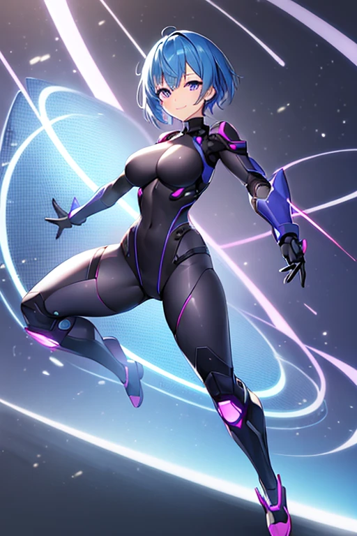 1girl, blue hair, breasts, wide hips, purple eyes, bodysuit, black bodysuit, short hair, light smile, happy, very short hair, science-fiction, tech, futuristic, machinery, full body, ((full body)),  fighting stance