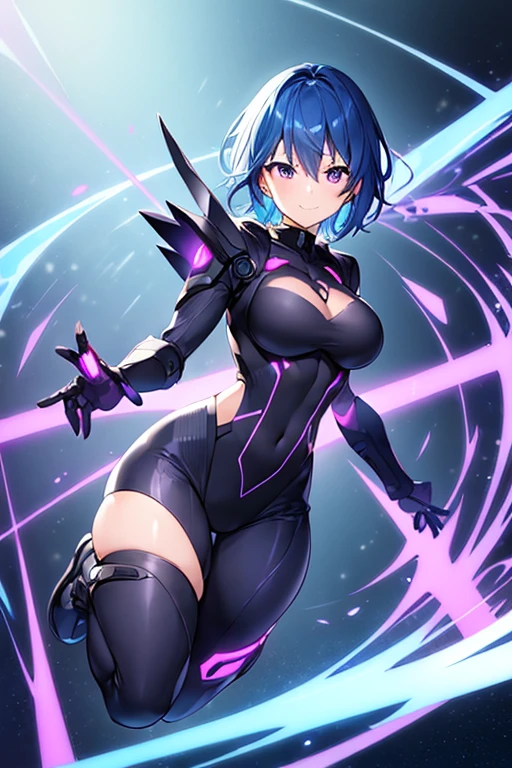 1girl, blue hair, breasts, wide hips, purple eyes, bodysuit, black bodysuit, short hair, light smile, happy, very short hair, science-fiction, tech, futuristic, machinery, full body, ((full body)),  fighting stance