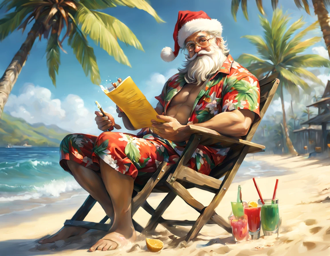 Oil painting, heavy brush strokes, paint splashes, Santa relaxing on the beach chair, checking his list, drinking a cocktail, wearing board shots, (wearing Hawaiian shirt:1.2),portrait, (((full body:1.3 ))) a primitive tropical beach and palms in the background, cell shaded, dynamic lightingDDIM, WLOP, unreal engine, global illumination, detailed and intricate environment, intricate painting, HD, captivating, Extraordinary, Phenomenal, Remarkable, Aesthetic, Artistic, Enchanting, Sophisticated , Beautiful, Gorgeous, Exquisite, Breathtaking, ((masterpiece)), (((best quality))), ((ultra detail)), UHD, 8K, (((high definition))), ((illustration)), ((extremely realistic)), (reflections). deep colors. Beautiful face, perfect anatomy, perfect eyes, detailed eyes, golden ratio, award-winning, professional, highly detailed, centered, symmetry, painted, intricate, volumetric lighting, gorgeous, masterpiece, sharp focus, depth of field, perfect composition, award winner, high resolution 8k, pixiv trends, artstation, acrylic painting, pixiv trends fanbox, palette and brushstrokes, oil painting, by Greg Rutkowski