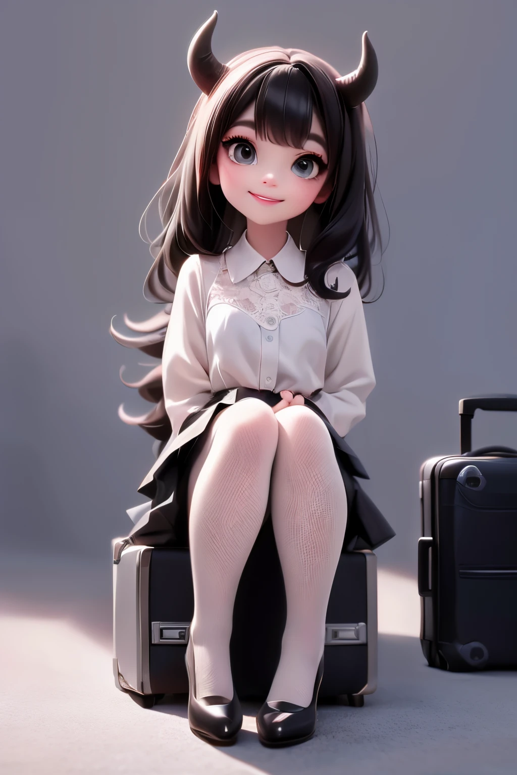 a demon girl smiling sitting on a suitcase with a guitar, smokey eyes makeup, black hair, lace skirt, lace crop shirt, white tights, pumps, full body, promo art, promo shot,