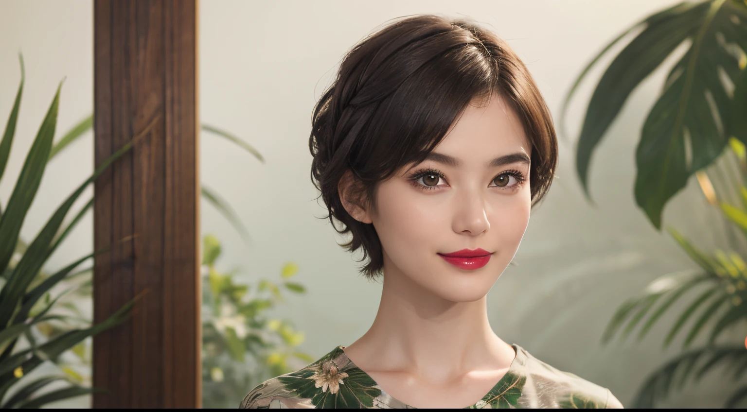 110
(a 20 yo woman,is standing), (A hyper-realistic), (high-level image quality), ((beautiful hairstyle 46)), ((short-hair)), (Gentle smile), (Keep your mouth shut), (lipsticks), (breasted:1.1), (wildlife print clothing)