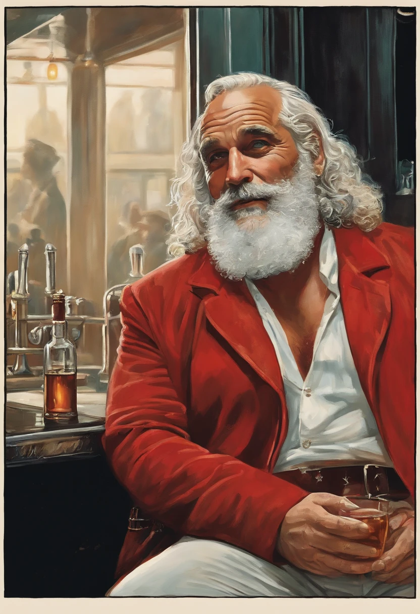 A photo of Bad Santa sitting at a bar, staring at a glass of whiskey in front of him.,original,His iconic red suit, now disheveled and stained, reflects a life marred by neglect and vice. The once neatly-groomed white beard is unkempt, and his eyes, historically a source of merry twinkle, are bloodshot and weary. The robust and cheerful figure we know is replaced by a more haggard and careworn man, who carries the weight of his struggles visibly.