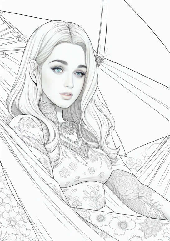 coloring pages of a girl lying in a hammock under an umbrella, line art colouring page, colouring - in sheet, Retrato de Katy Perry, Art not in the style of Terry Moore, Retrato de Megan Fox como uma rainha, Detalhes adicionais, Retrato de Megan Fox,