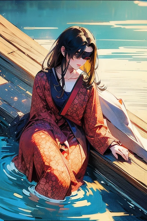 A small chested woman wearing long, modest, colorful, silk robes and a blindfold with floor length black hair sitting in a traditional asian garden by a pond. she looks soft and peaceful