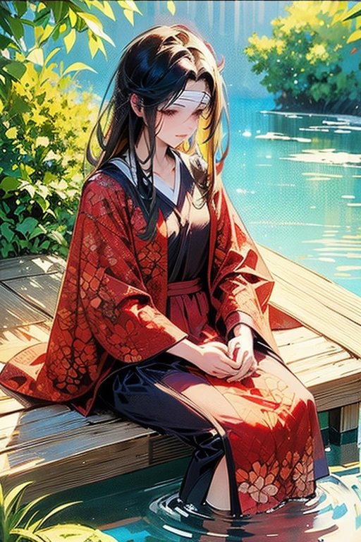 A small chested woman wearing long, modest, colorful, silk robes and a blindfold with floor length black hair sitting in a traditional asian garden by a pond. she looks soft and peaceful