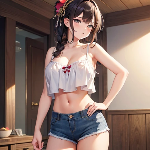 ((masterpiece,best quality)), highres, extremely detailed 8K wallpaper, cheerful, camisole, bare shoulders, cleavage, crop top, cutoffs, denim shorts, midriff, short shorts, spaghetti strap,, glamor, tights, fascinator, braid, , from front,