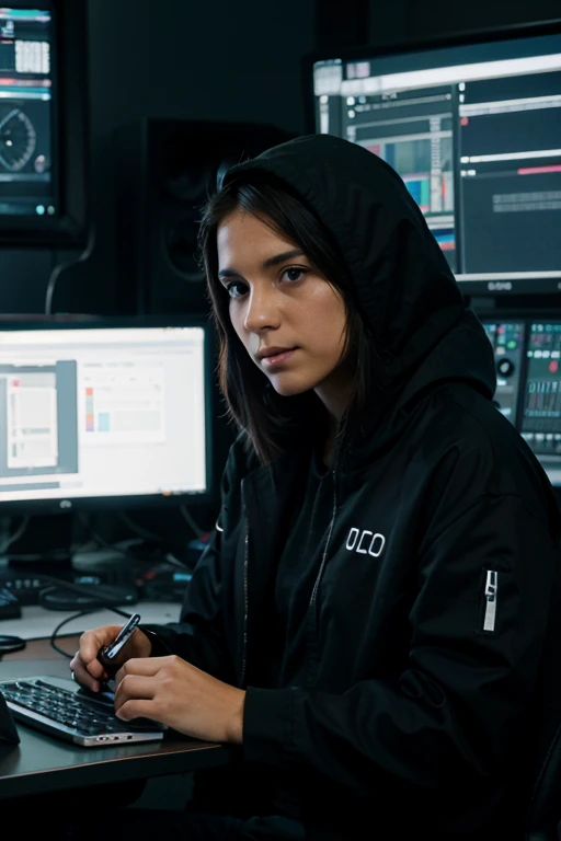 hacker en un studio con codigo en el cielo
