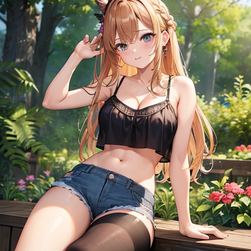 A small, young Sixteen year old girl with very dark blonde hair and emerald green eyes. She has a curiously playful smile. She has big  and round thighs. She wears tight jean shorts and a crop top. Her top reveals a lot of cleavage. She sits outdoors in a wooded park. Anime style.