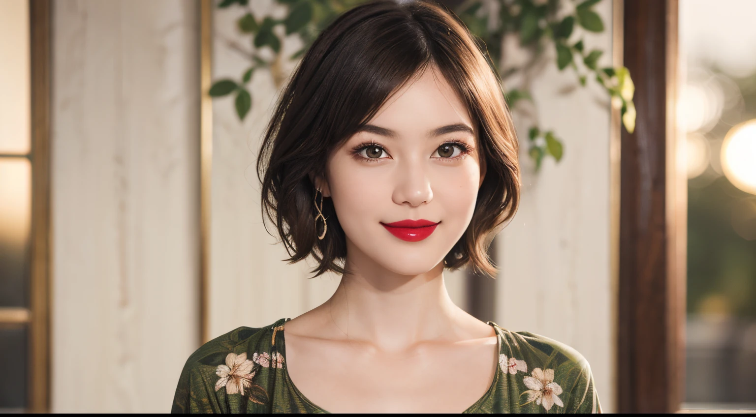 110
(a 20 yo woman,is standing), (A hyper-realistic), (high-level image quality), ((beautiful hairstyle 46)), ((short-hair)), (Gentle smile), (Keep your mouth shut), (lipsticks), (breasted:1.1), (wildlife print clothing)